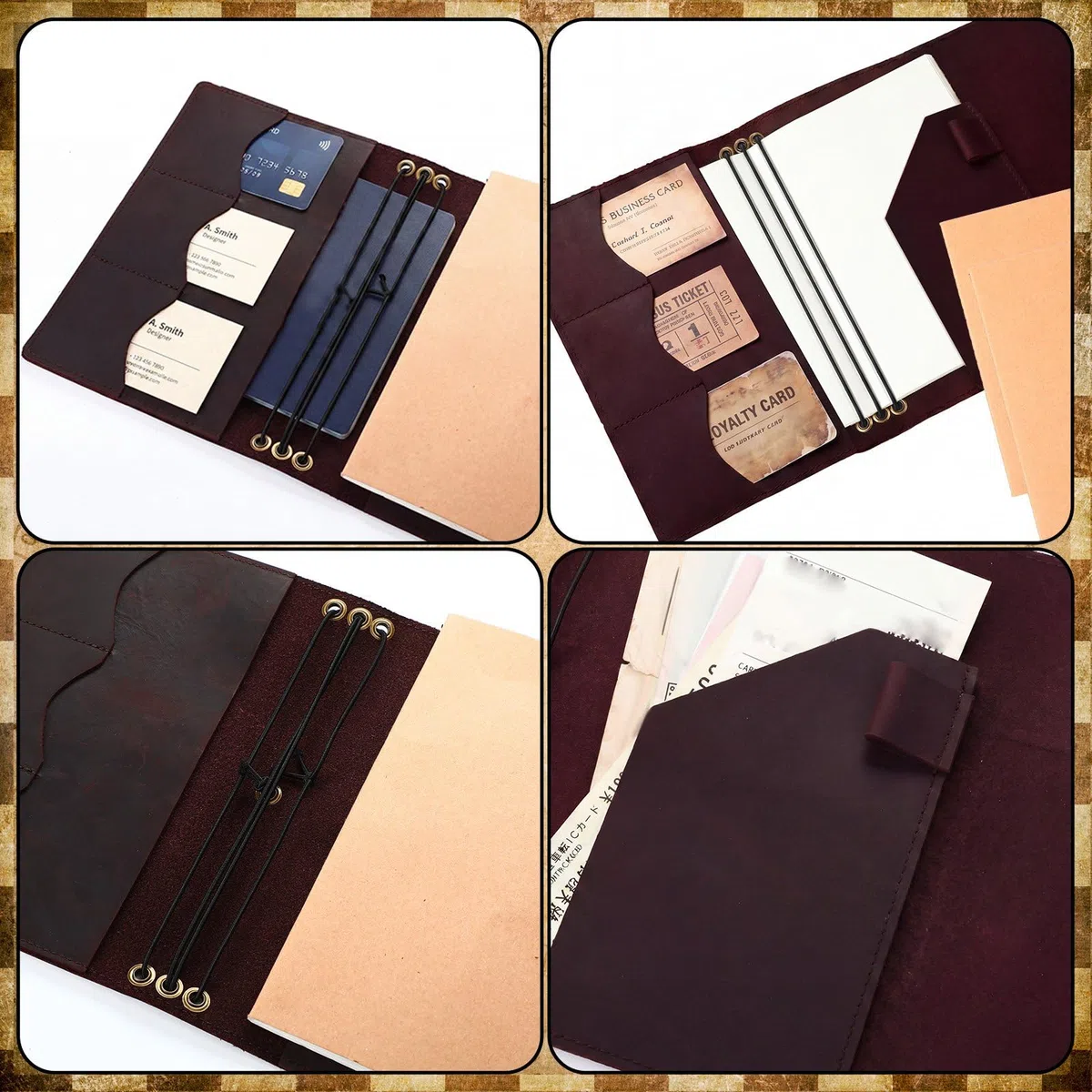 Sabary Juego de 4 fundas para cuaderno de viajeros, 3 cuadernos A5 de piel auténtica, rellenables, A5, con bolsillos interiores, ranuras para tarjetas, soporte para bolígrafos para notas de viñetas