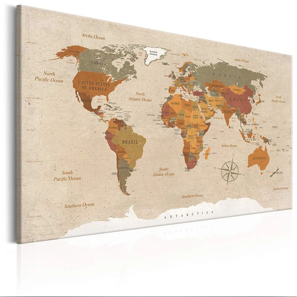 decomonkey Mapa mundi viajes 50 chinchetas - 90x60 cm Tablero de lienzo - Letra inglesa - sobre fondo beige Decoración de pared para el salón despacho Viaje en tablero de fibra