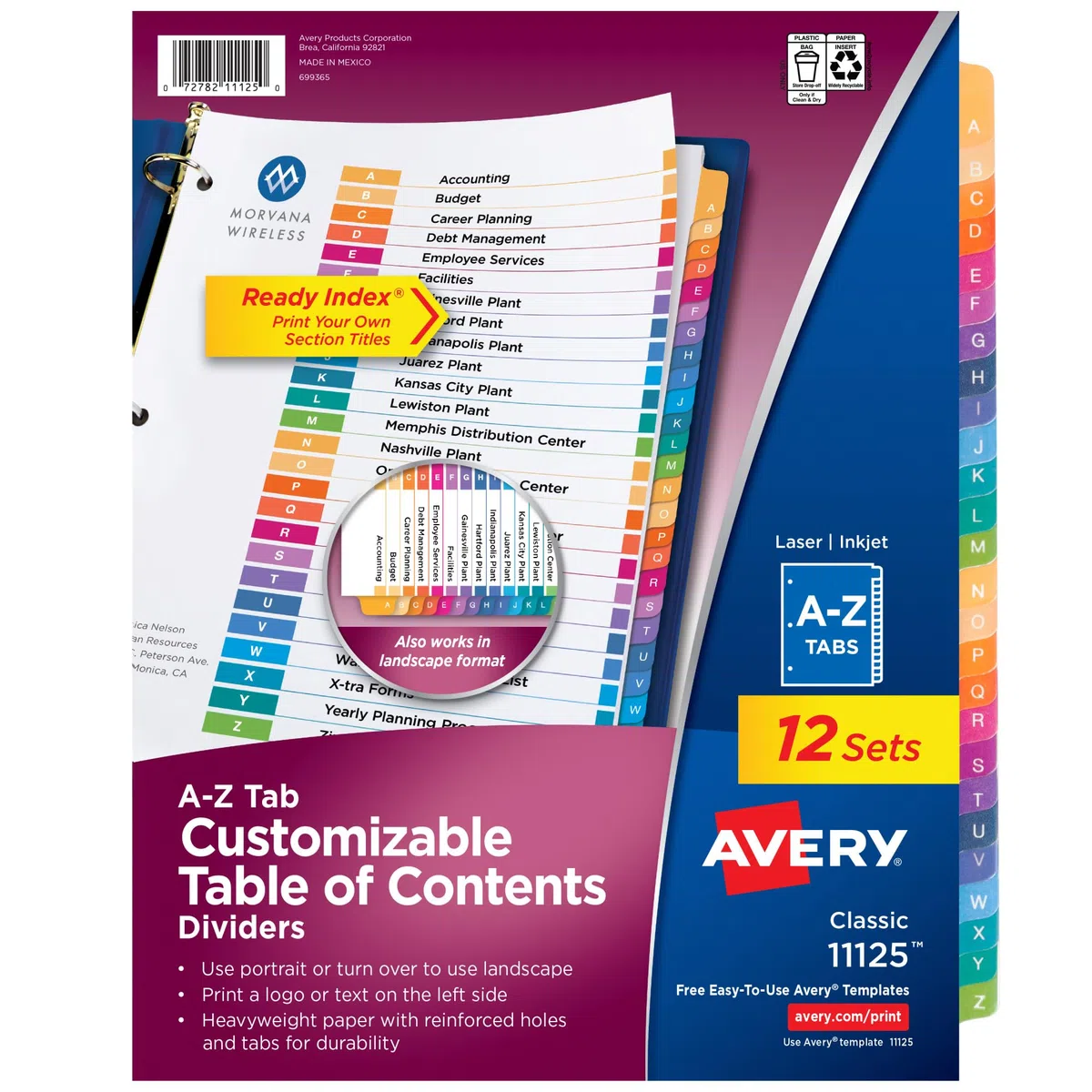 Avery Ready Index(R) 11125 - Juego de divisores de 26 pestañas, A-Z, estuche de 12 unidades