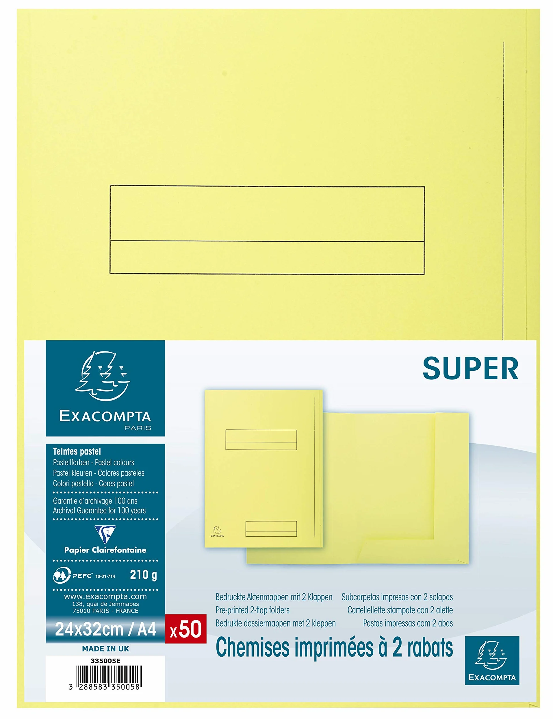 Exacompta 335005E - Lote de 50 Subcarpetas Super 250 Impresas y con 2 Solapas, Color Amarillo