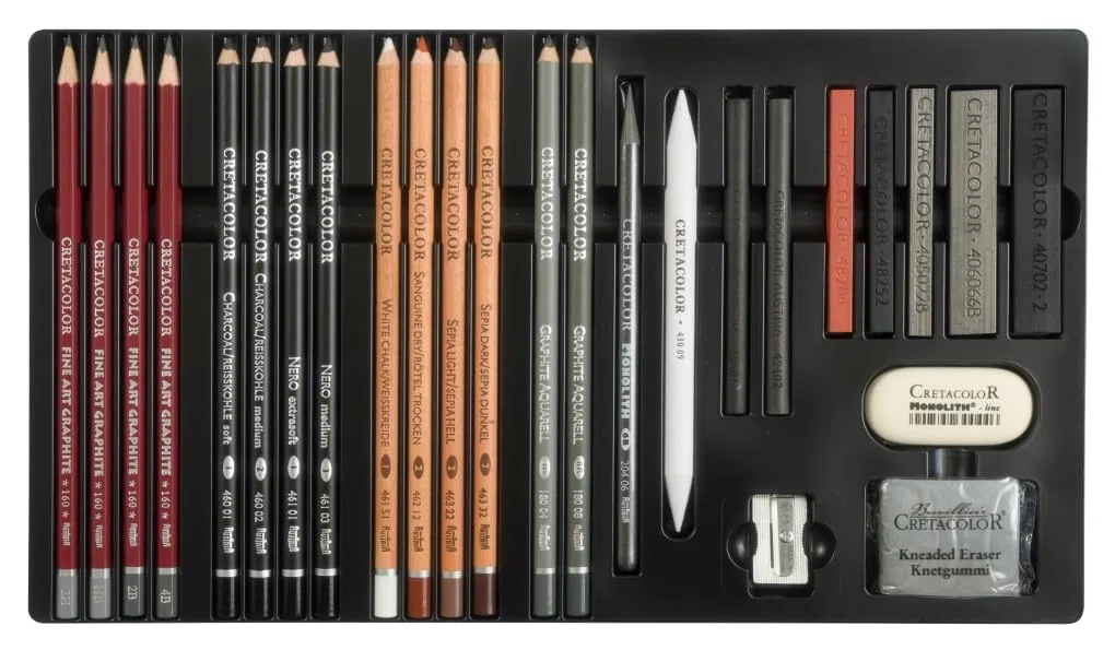 CRETACOLOR Teacher's Choice, Set de dibujo avanzado, set de dibujo para principiantes y profesionales, set de 27 piezas, set para artistas avanzados, incl. goma de borrar y sacapuntas