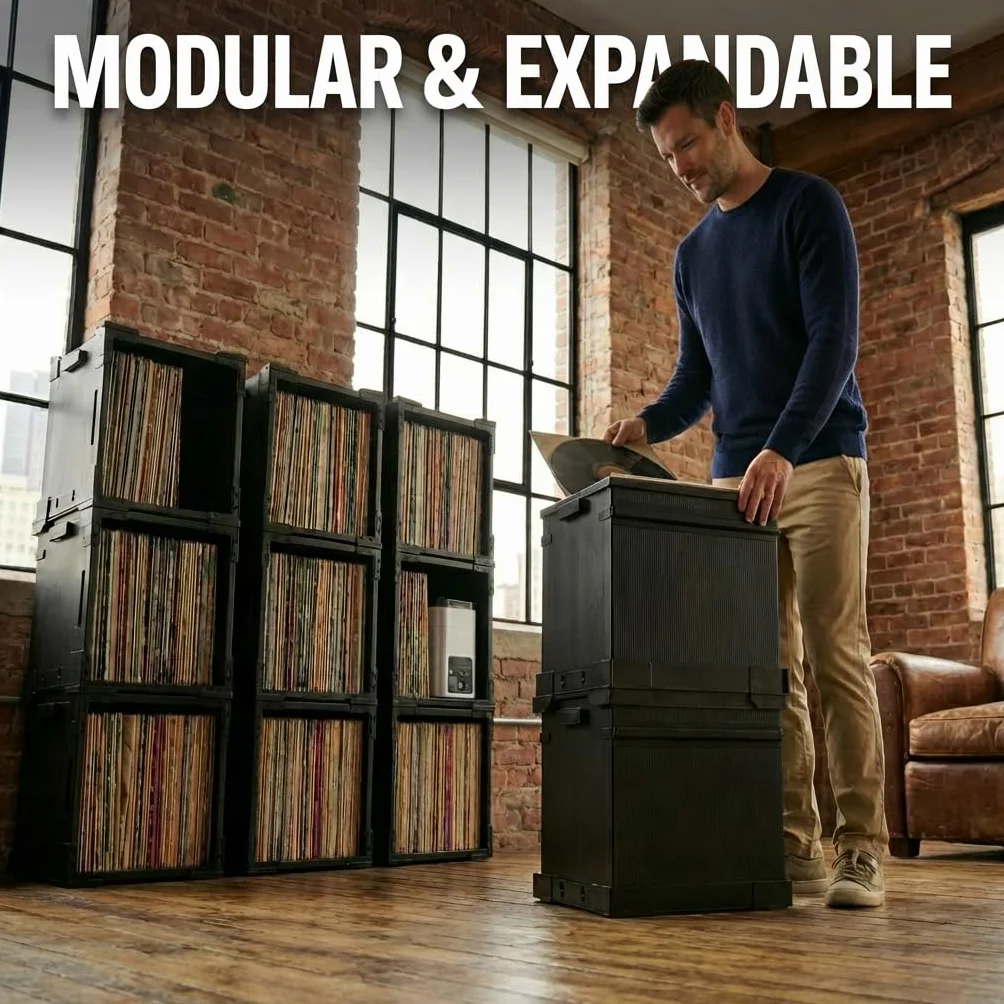 HumminGuru FlexiCube Caja para Guardar Discos de Vinilo Organizador Apilable 12 Pulgadas 70 LP Estante Modular Plegable (3 cubos)