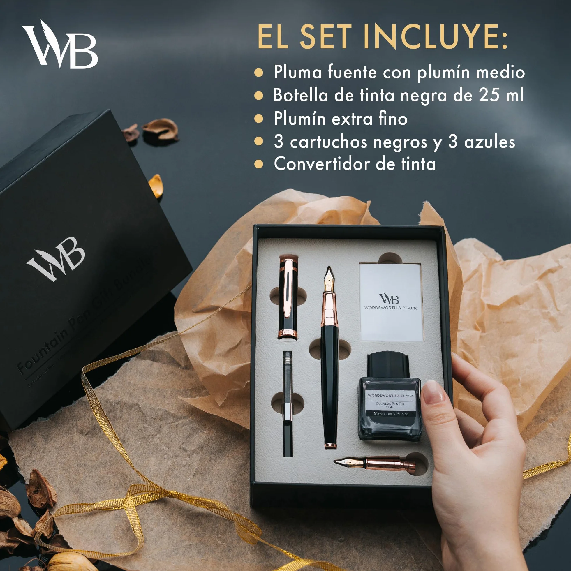 Wordsworth & Black Juego de pluma estilográfica, plumines medio y extrafino chapados en oro de 18K,botella negra de 25ML,6 cartuchos de tinta,convertidor de recarga,escritura suave [Negro y Oro Rosa]