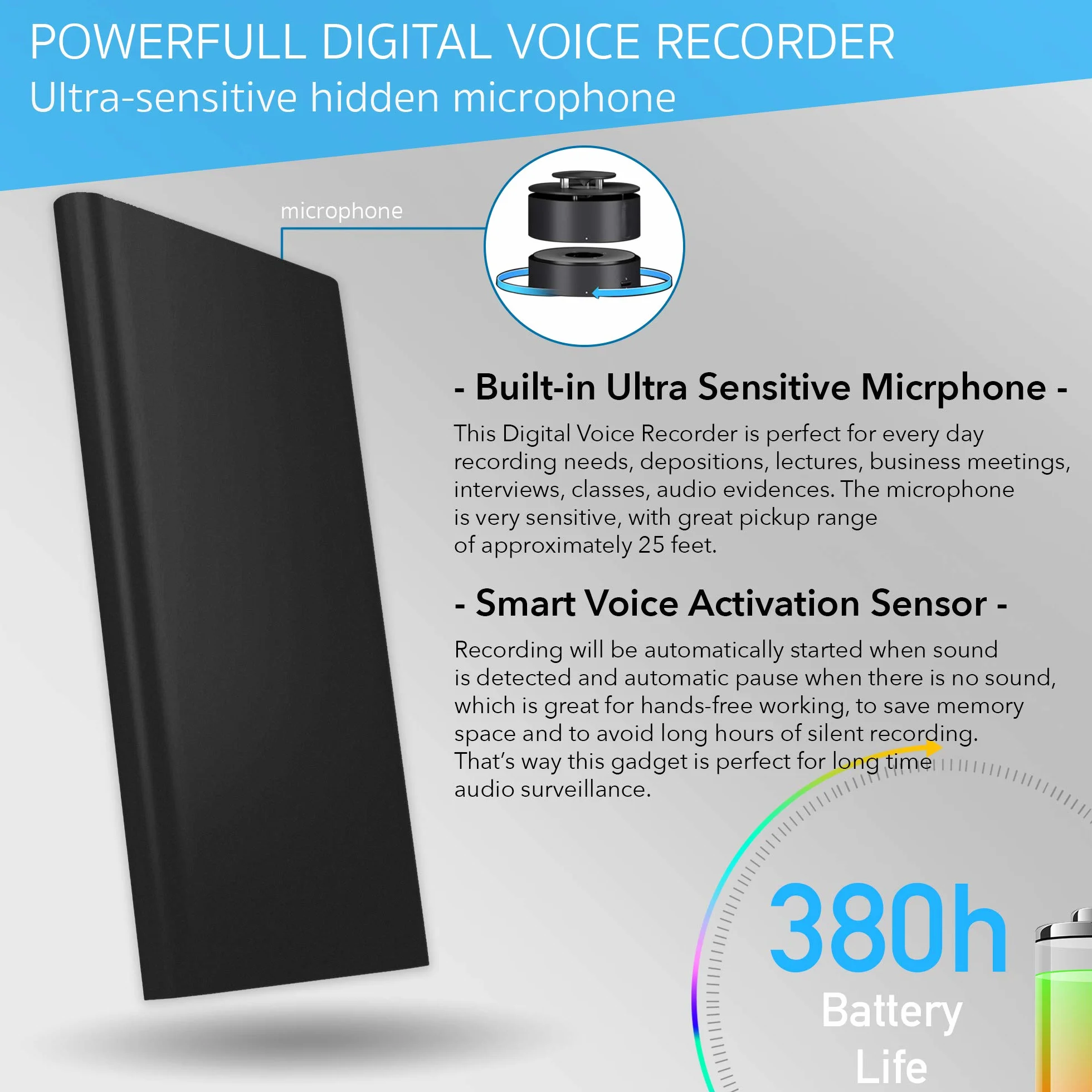 64GB Grabadora Profesional - Activación por Voz - Tiempo de Funcionamiento de 18 días - Grosor de 11 mm - Función de Cargador de teléfono con Banco de energía - PoweREC de Atto Digital