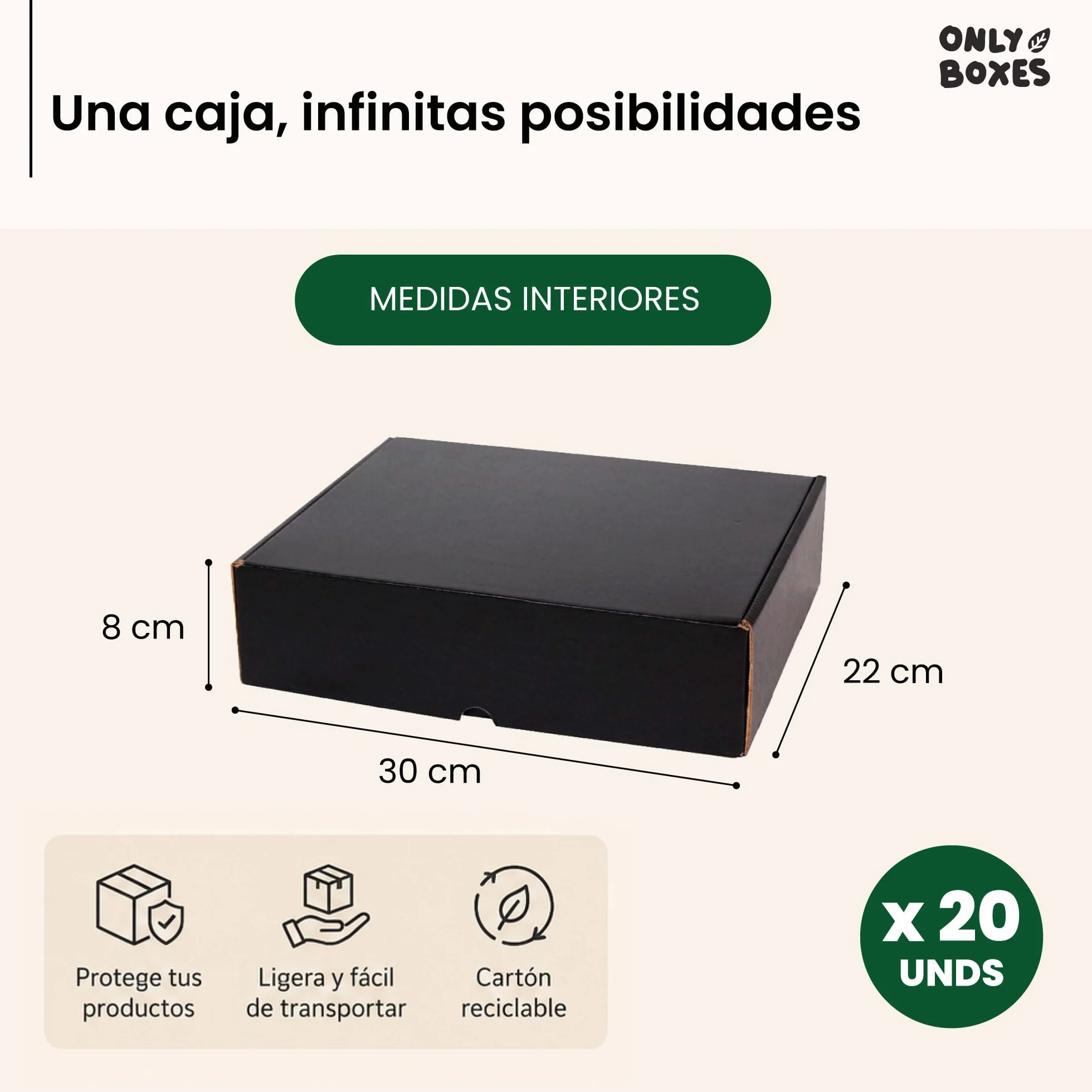 Caja De Cartón Negra Automontable 30x22x8 cm Pack 20