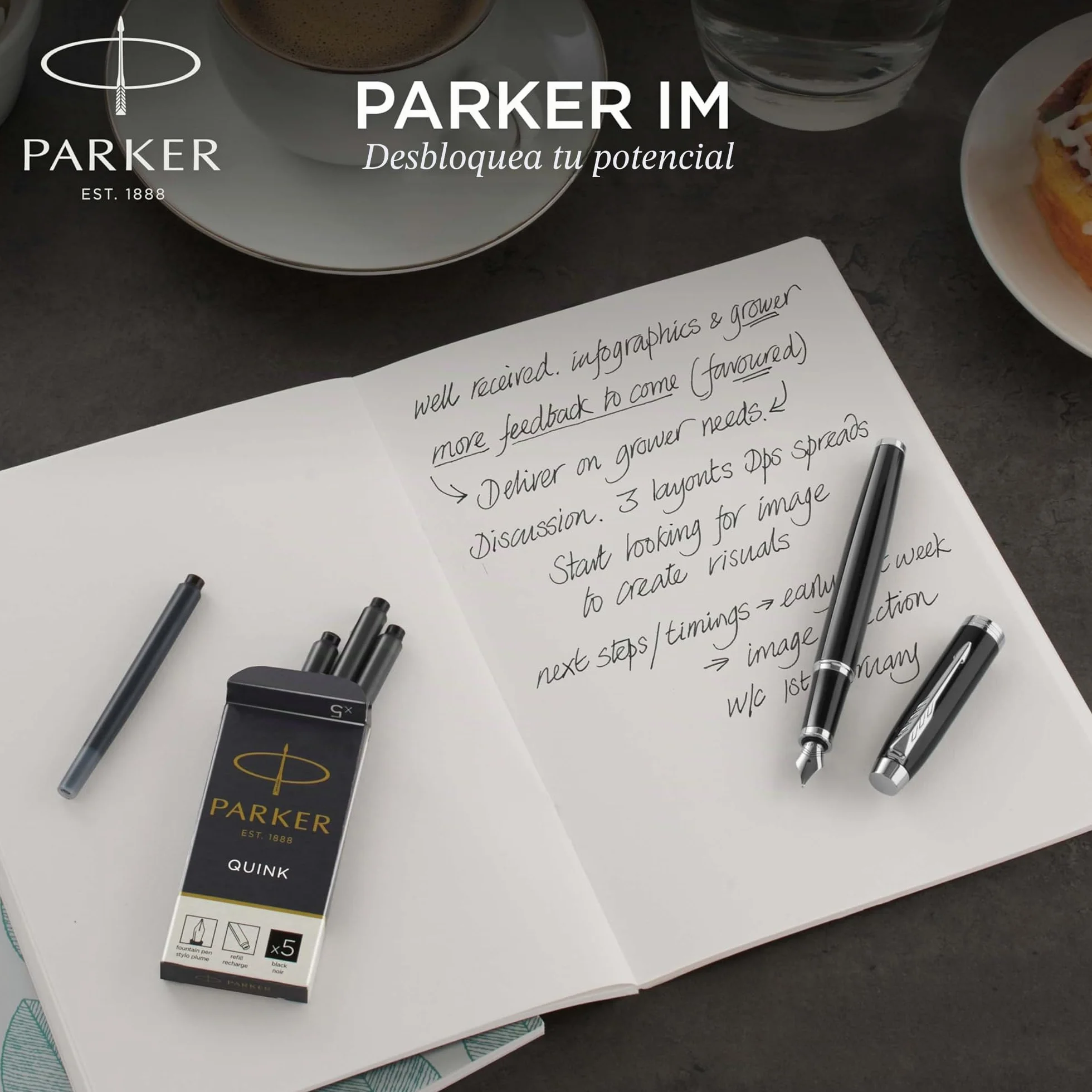 Parker IM pluma estilográfica | lacada en negro con adorno dorado | plumín fino y recambio de tinta azul | en estuche de regalo