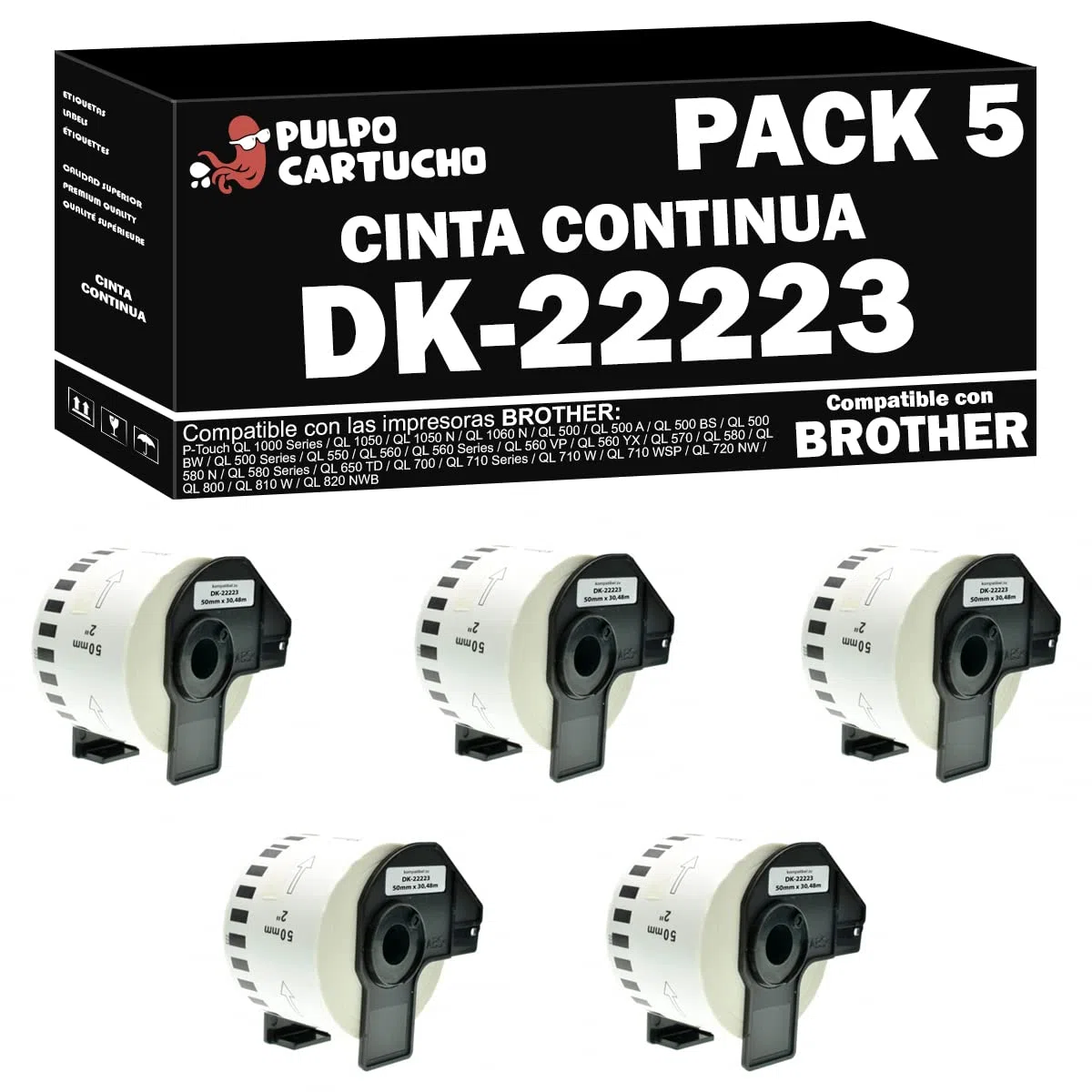 Pack de 5 Compatible Brother DK22223 - Etiquetas Genéricas de Tamaño personalizado - Ancho 50 mm x 30,48 metros - Texto negro sobre fondo blanco. Cinta continua DK-22223 de papel térmico blanco.