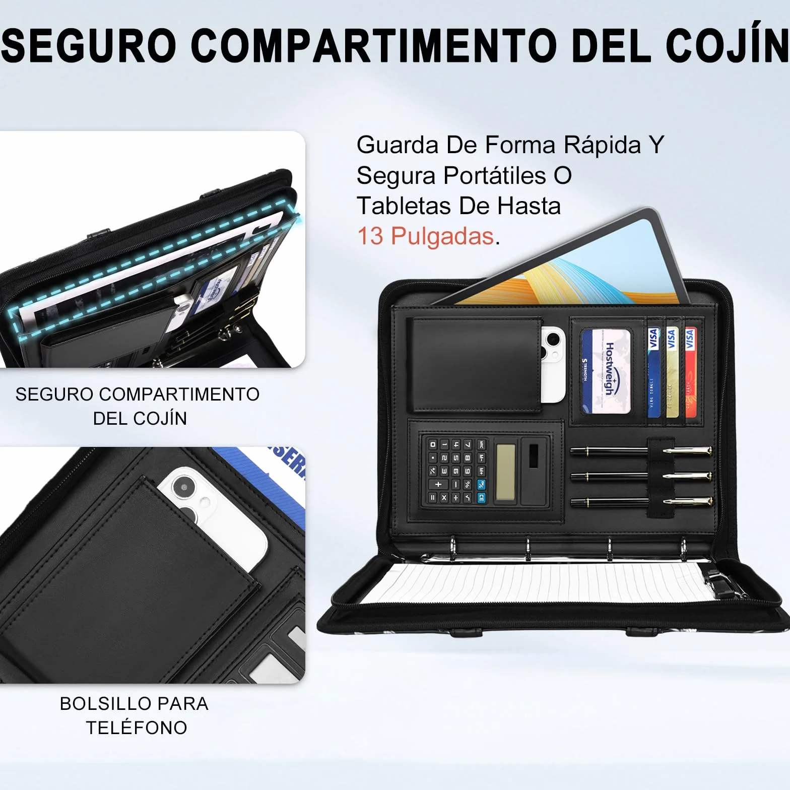 Leathario Carpeta Portadocumentos A4 en Piel Vegana, con Asa, Cuaderno, Portadocumentos con Bloc de Notas y Encuadernación de Anillas, Protectores de Hojas para Entrevistas, Viajes, Reuniones
