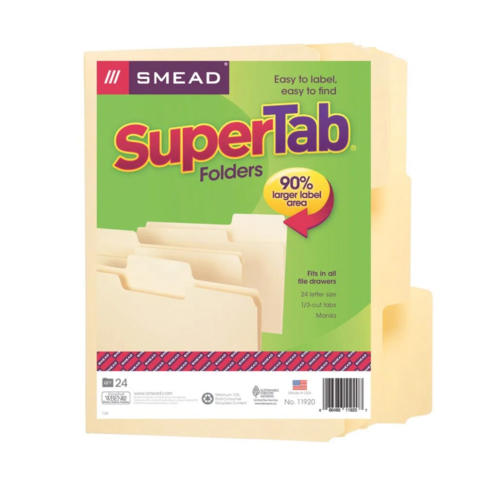 Super Tab Folders,Letter,1/3 Cut Tab, Ltr,11pt,24/BX,Manila, Sold as 1 Package