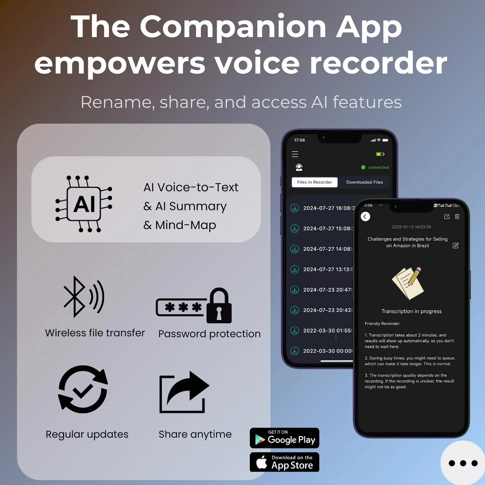 64GB Grabadora de Voz IA, Portátil con Activación por Voz, Transcribe y Resume, Soporta 102 Idiomas, Reducción de Ruido, Reproductor MP3