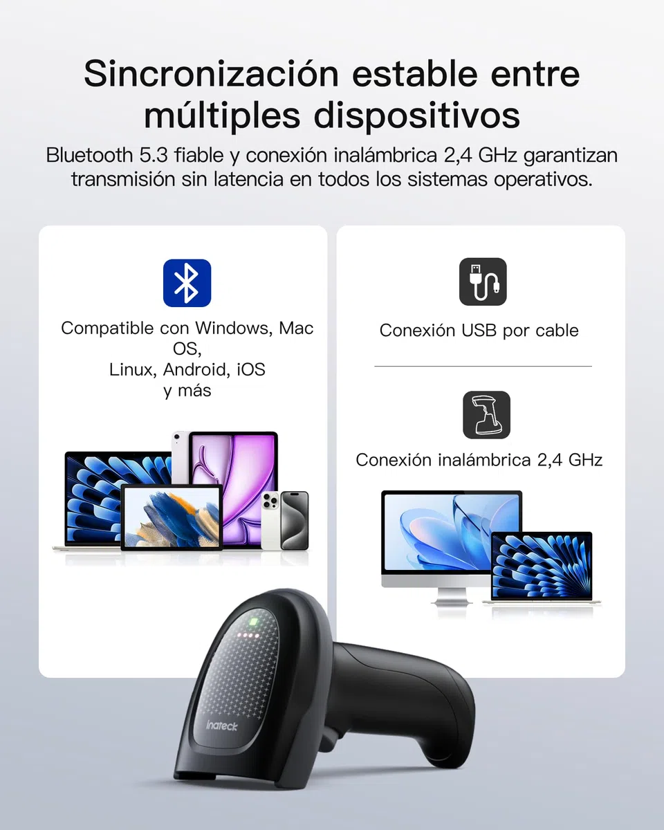 Inateck Lector de Códigos de Barras Inalámbrico 1D 2D QR PDF417, Alcachofa de Código de Barras con 2 Baterías Reemplazables de 2000 mAh, Compatible con Android e iOS, para Almacenamiento y Logística