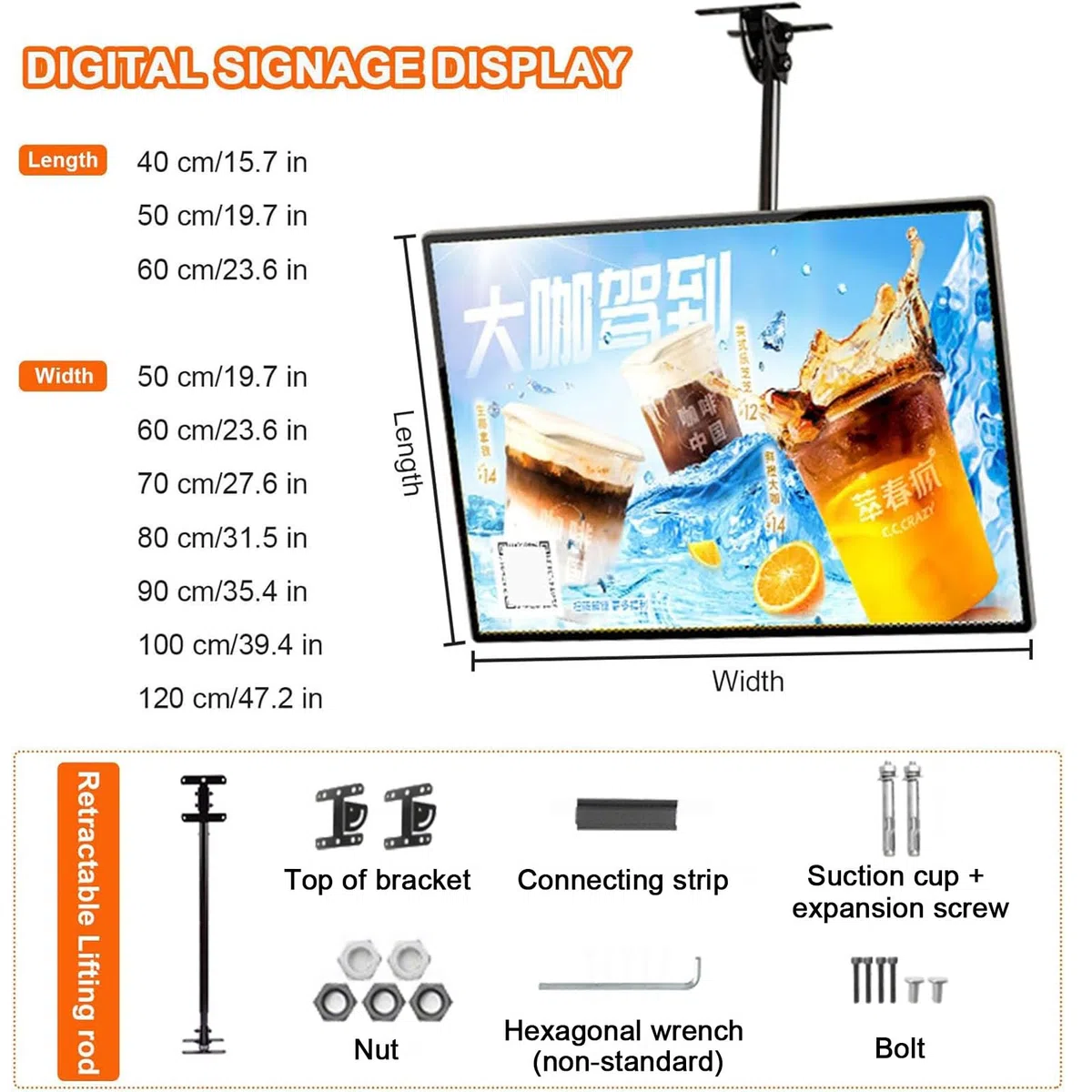 Pantalla de póster iluminada, caja de luz LED ultrafina, tablero de menú montado en la pared para restaurante, cafetería y tiendas, cartelera retroiluminada con varilla telescópica, fácil de usar