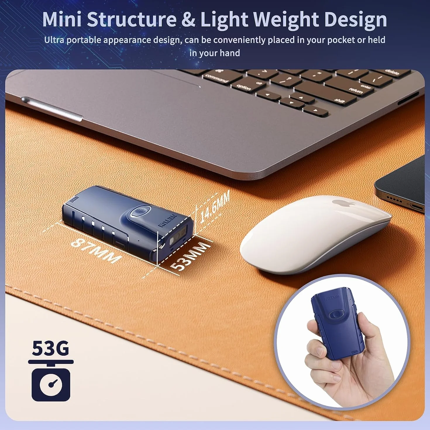 NETUM E950 Escáner de código de Barras 2D Bluetooth, 3 en 1 Lector de código de Barras QR portátil pequeño Automático Clip Trasero inalámbrico Trabajo con Tableta iOS Android Windows MacOS