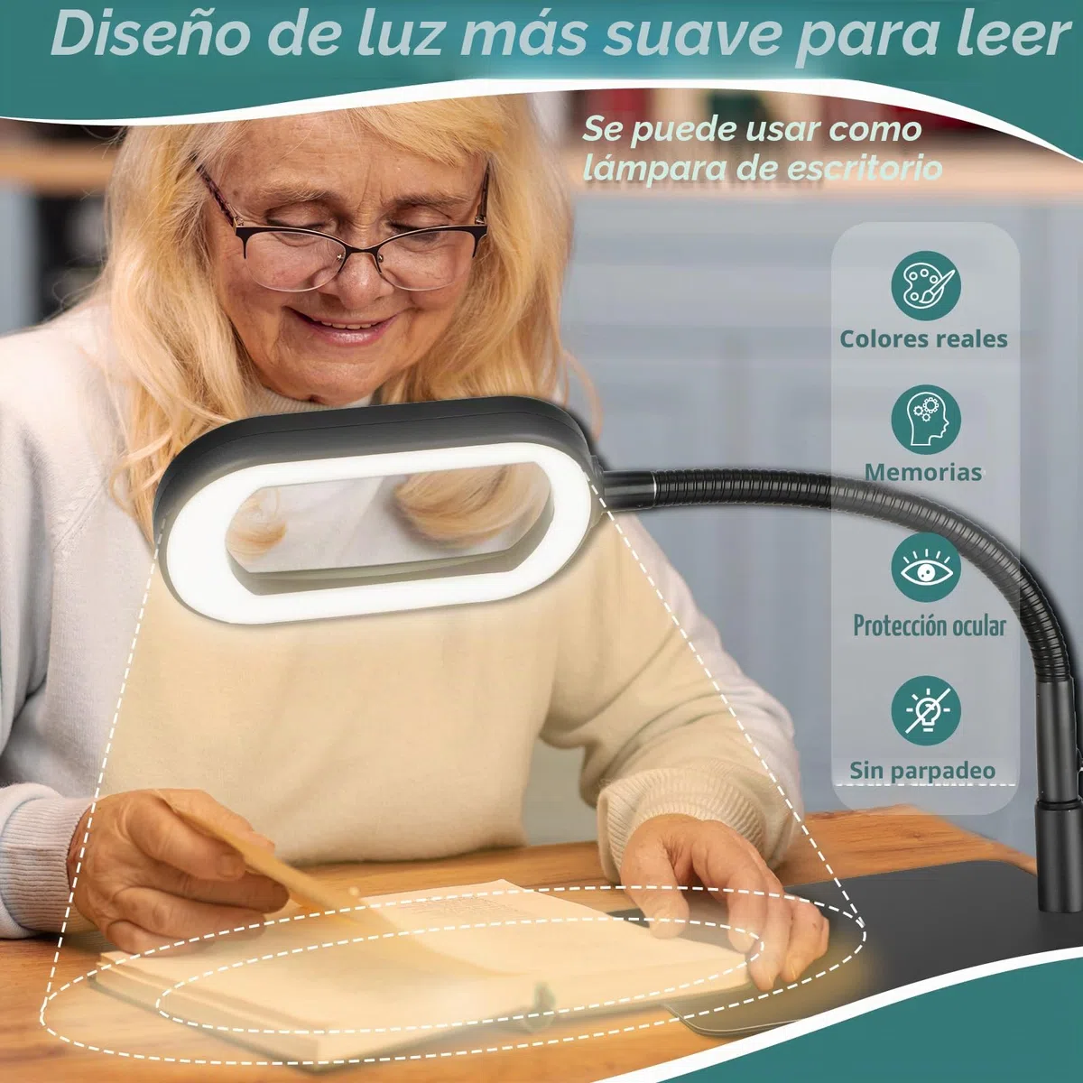 Drdefi 10X Rectangular Lupa con Luz y Soporte, 5 Modos de Color, Regulabilidad Continua, LED Lámpara de Escritorio Flexible con Cuello de Cisne, Lámpara de Lupa Manos Libres para Lectura Reparación