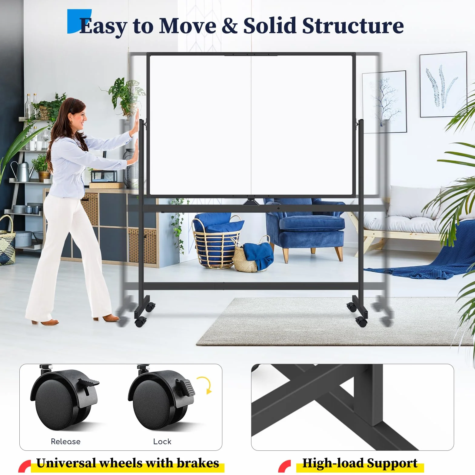 maxtek Pizarra Blanca con Ruedas 120 x 90 cm, Pizarra Magnética Grande de Doble Cara con Marco de Aluminio Negra, con Marcadores, Imanes y Borrador de Pizarra, Pizarra Móvil para Oficina