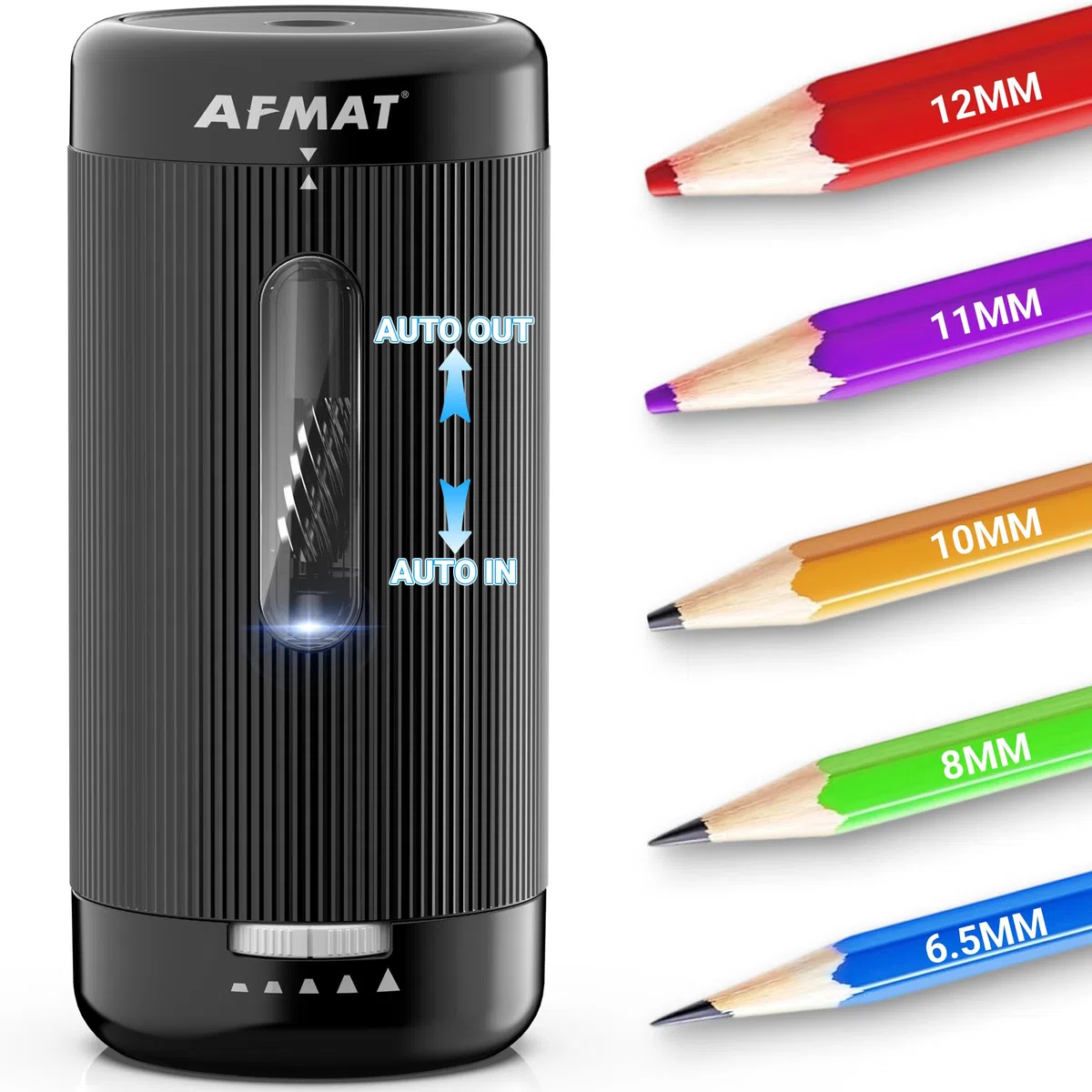 AFMAT Sacapuntas eléctrico totalmente automático, entrada y salida automática, sacapuntas recargables, manos libres, totalmente automáticos, para lápices de colores y jumbo, 6,5-12 mm, portátil para