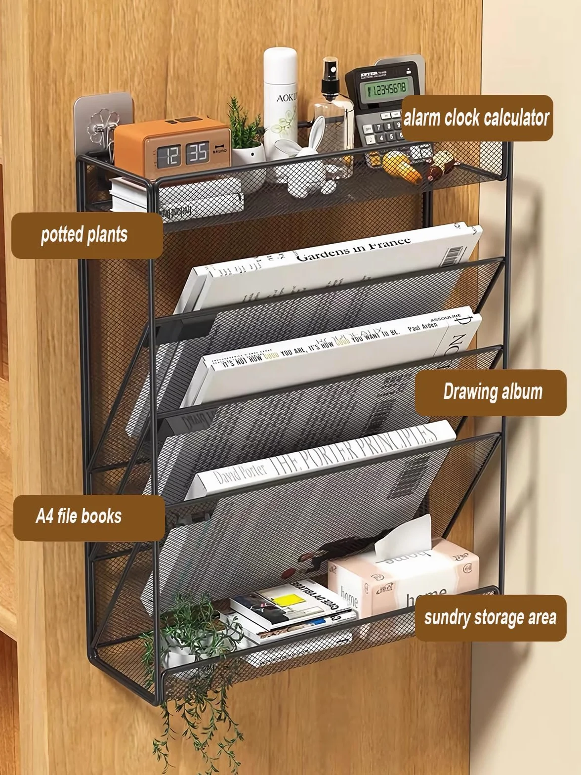 Organizador de archivos de pared de malla de 5 niveles, organizador colgante vertical de 3 bolsillos con bandeja superior/inferior | 2 ganchos | Montaje en pared y colgante de puerta para oficina y