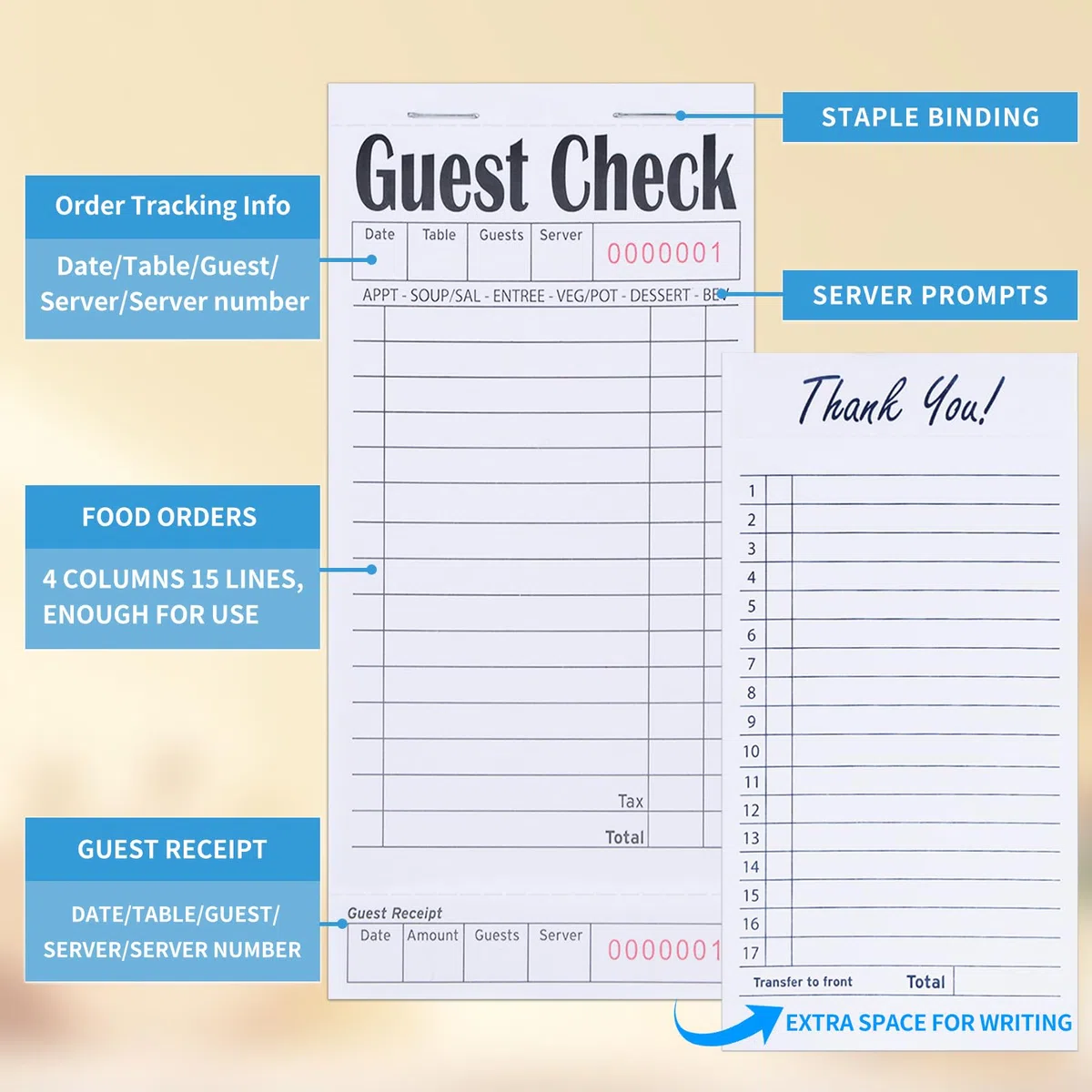 Chequeras de invitados para servidores, blocs de notas, chequera de camarera, bloc de notas de camarera para restaurantes, cheques de papel, 50 hojas/paquete, total de 300 boletos (blanco)