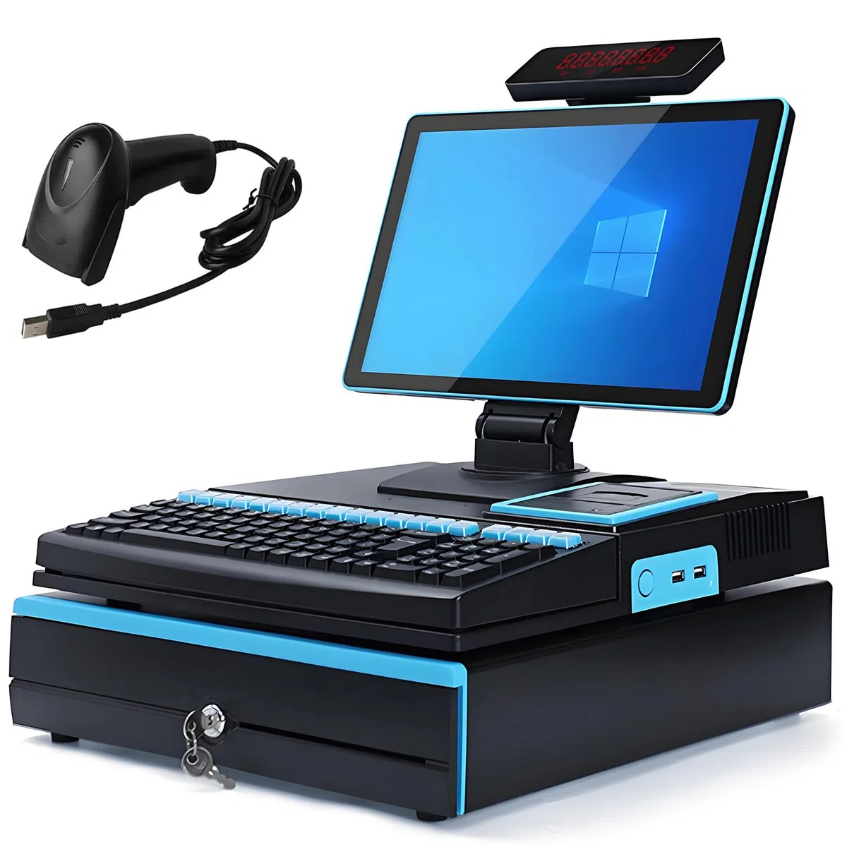 Terminal de punto de venta electrónico con caja registradora, pantalla táctil LED de 15,6", teclado de 101 teclas, escáner portátil, impresora térmica de 58 mm y cajón de efectivo Blue-SingleScreen