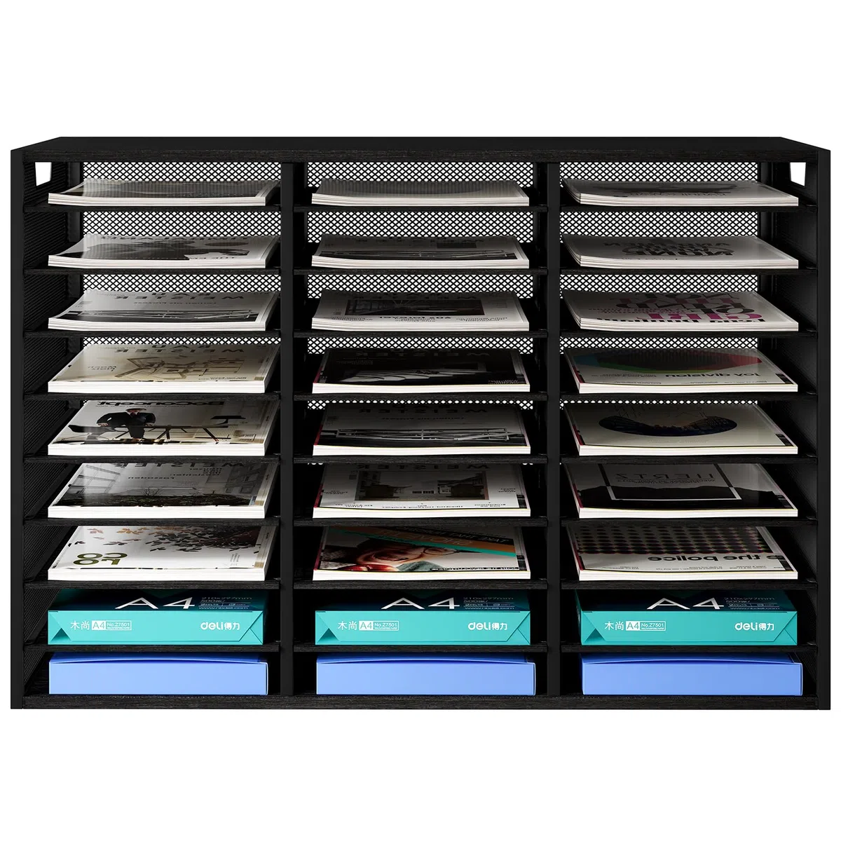 EasyPAG 27 Compartimentos Metal Madera A4 Bandeja Archivador Organizador Revistero Clasificador Carta Soporte Papeles Almacenamiento Escritorio Estante Documentos,Negro