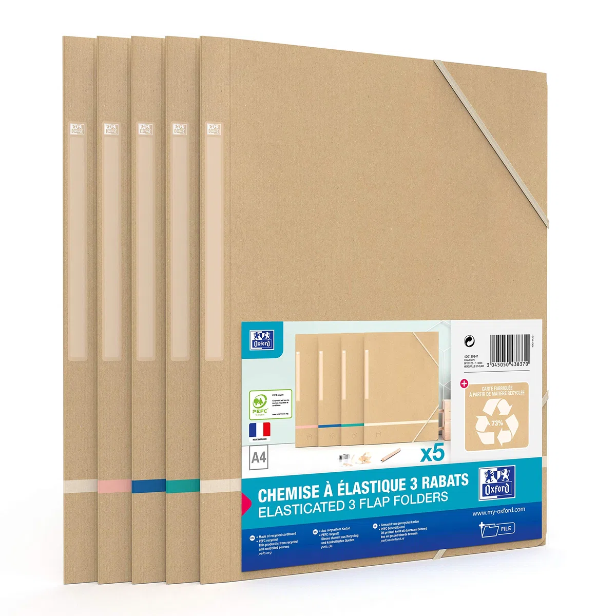 OXFORD Touareg 5 bolsas de cartón 3 solapas elásticas A4 - Funda para tarjetas recicladas, color beige y adhesivos surtidos