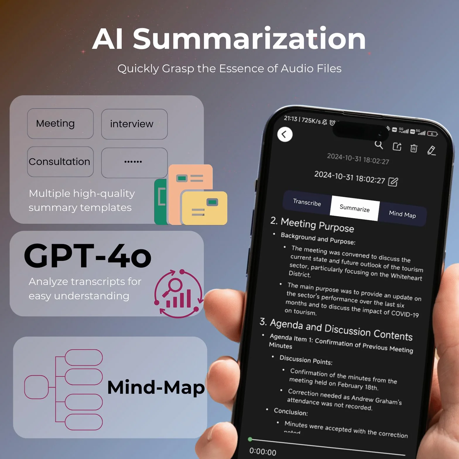 64GB Grabadora de Voz IA, Portátil con Activación por Voz, Transcribe y Resume, Soporta 102 Idiomas, Reducción de Ruido, Reproductor MP3