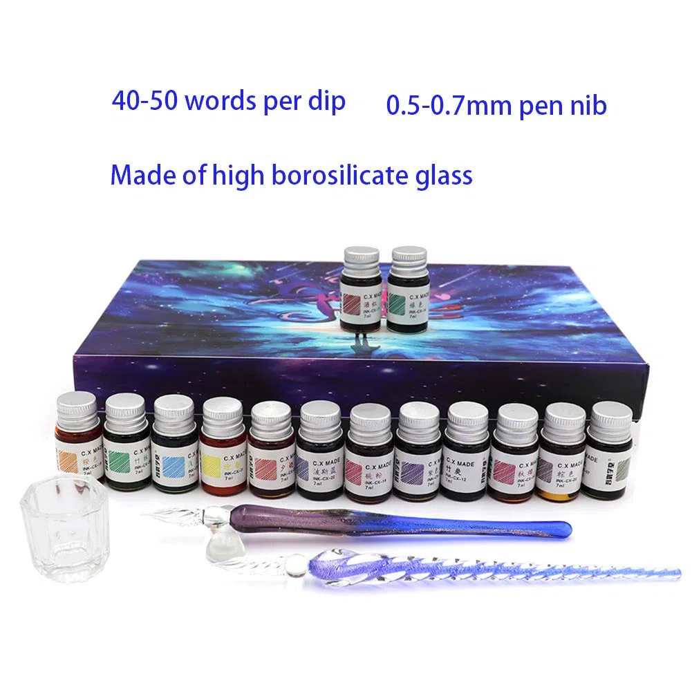 AXEARTE Juego de bolígrafos de caligrafía de cristal, 18 piezas de 14 tintas de colores, soporte para bolígrafos, taza de limpieza, 2 bolígrafos de cristal para arte, escritura, dibujo, firmas, regalo