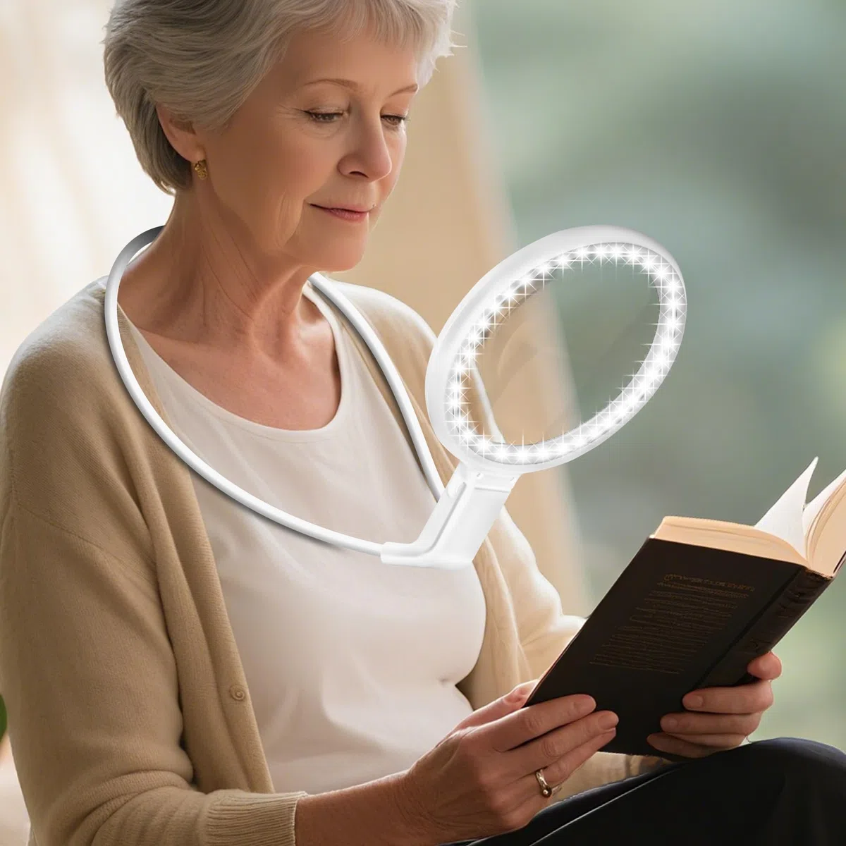 Lupa de cuello manos libres con luz, lupa grande de 10 x 5.2 con 36 luces LED, cuello de cisne flexible para trabajo cercano, lectura, costura, senior (blanco)