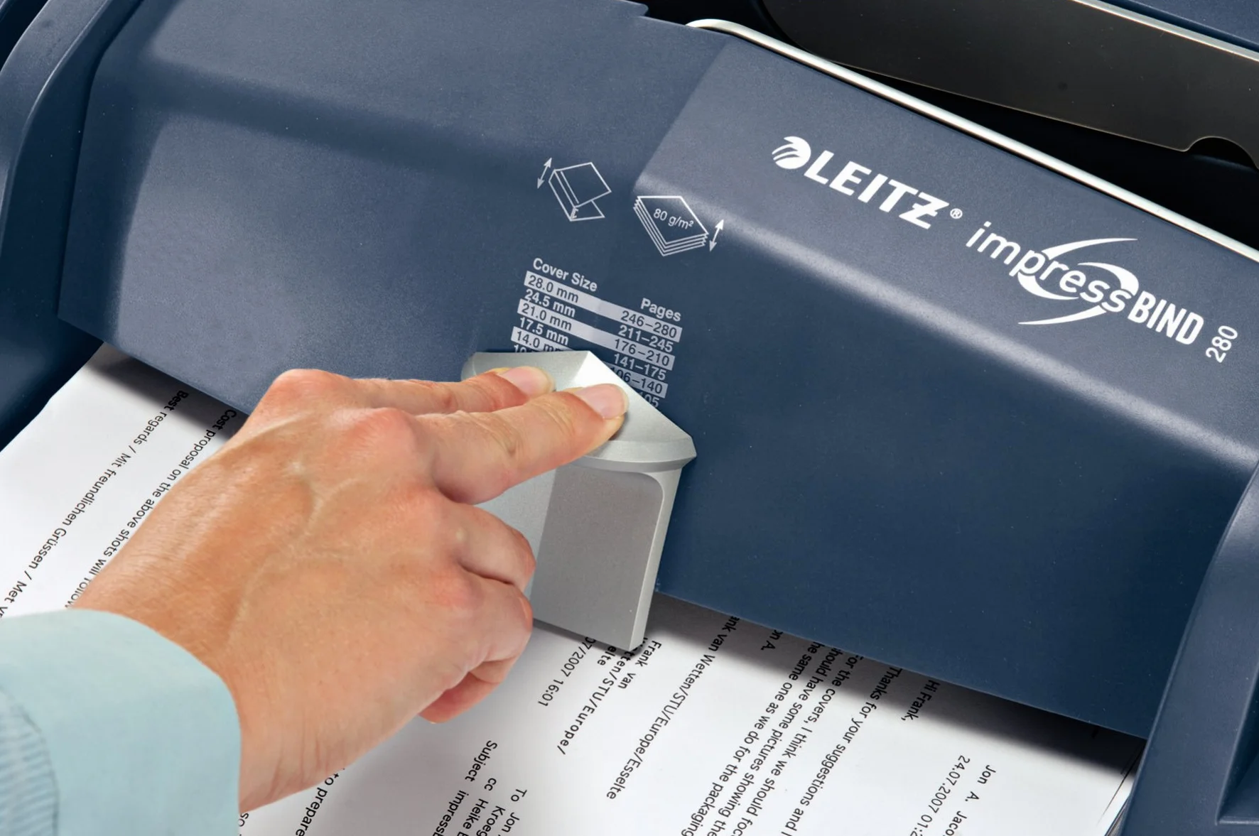 Leitz 73880000 – Encuadernadora Manual impressBIND 280 A4, Sistema De Canal Metálico Sin Perforación, Capacidad 280 Hojas, Ajuste Automático De Lomo, Uso Profesional