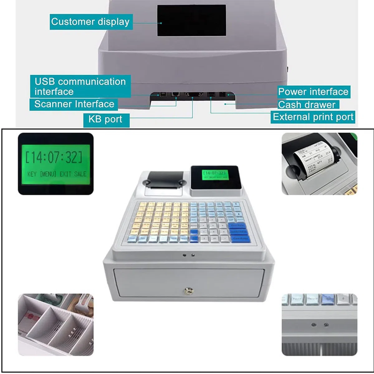 Caja Registradora Electrónica, Caja Registradora para Pequeñas Empresas, Sistema TPV, 81 Teclas, Caja Registradora LED Digital, para Restaurantes, Supermercados.