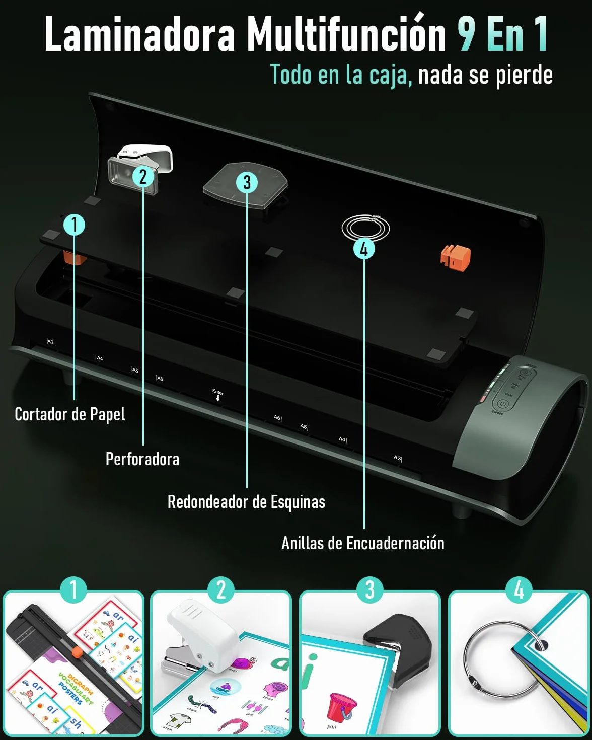 Plastificadora A3 Laminadora 9 en 1 Calentamiento Rápido Frío y Caliente con Guillotina