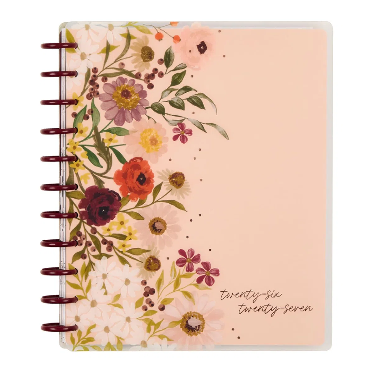 Happy Planner - Planificador encuadernado en disco de julio de 2026 a junio de 2027, tamaño grande | Incluye 3 meses adicionales y 2 hojas de calcomanías, 8.5 x 11 pulgadas, diseño de salpicadero, tema de flores silvestres