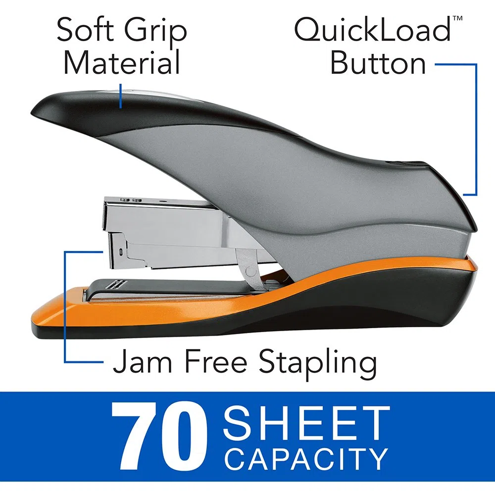 Swingline Grapadora, capacidad de 70 hojas, Optima 70, sin atascos, menor esfuerzo, agarre suave, metal, plata, negro y naranja (87870)
