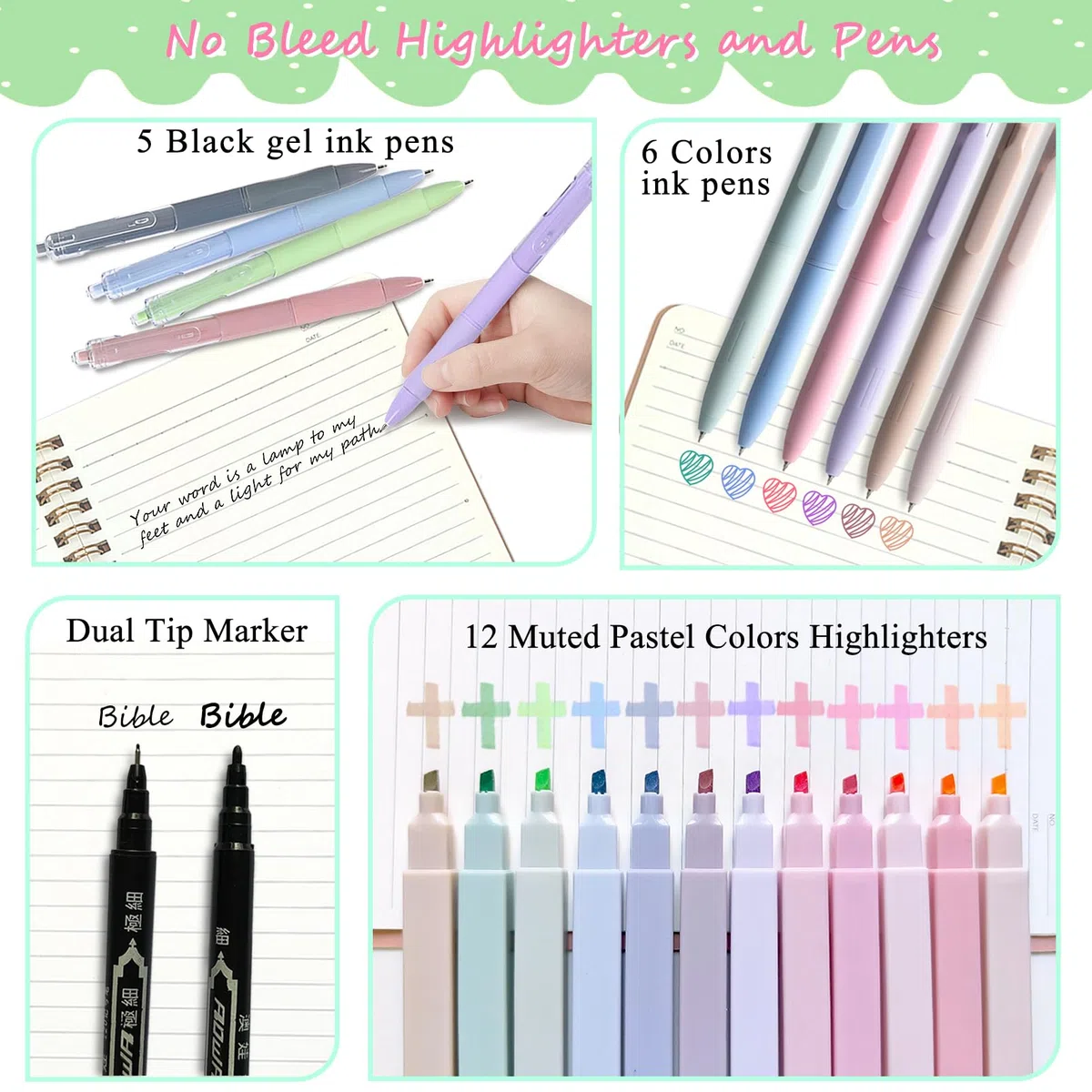 SHINYHARBOR Suministros de estudio bíblico para mujeres y estudiantes, kit bíblico de estudio, accesorios esenciales para el estudio escolar con estuche, bolígrafos y recambios, pestañas de la Biblia