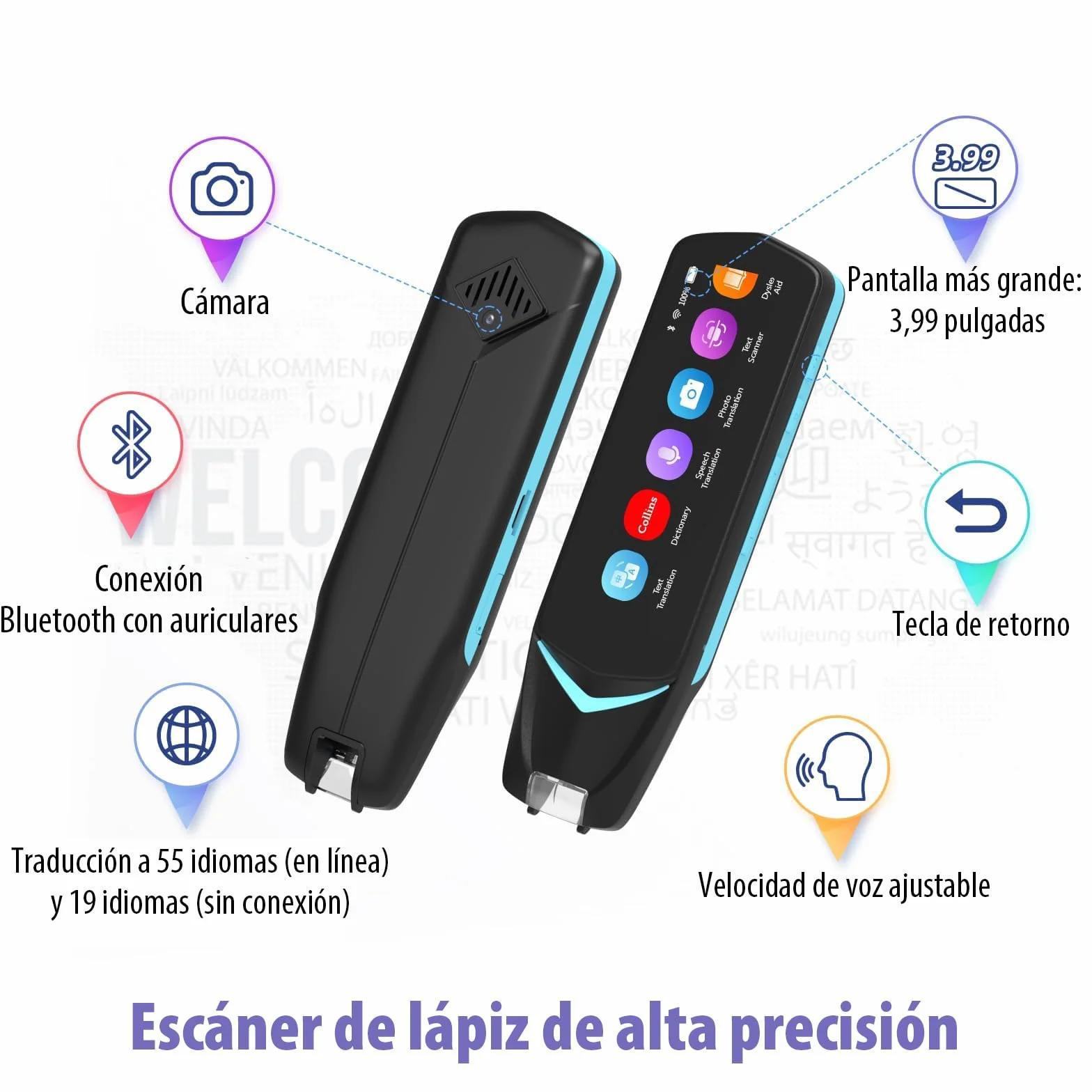 NEWYES Lápiz Escáner| Independiente inalámbrico| Pantalla táctil LCD| Lápiz de Lectura OCR| Traductor multilingüe| Voz y escaneo a Texto