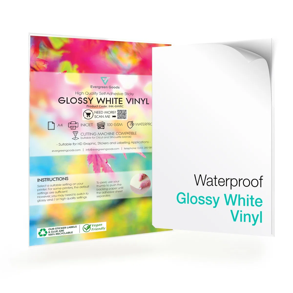 Evergreen Goods 60 hojas de papel adhesivo adhesivo de vinilo blanco brillante A4 impermeable de, hojas de vinilo imprimible adecuado para impresoras de inyección de tinta y láser