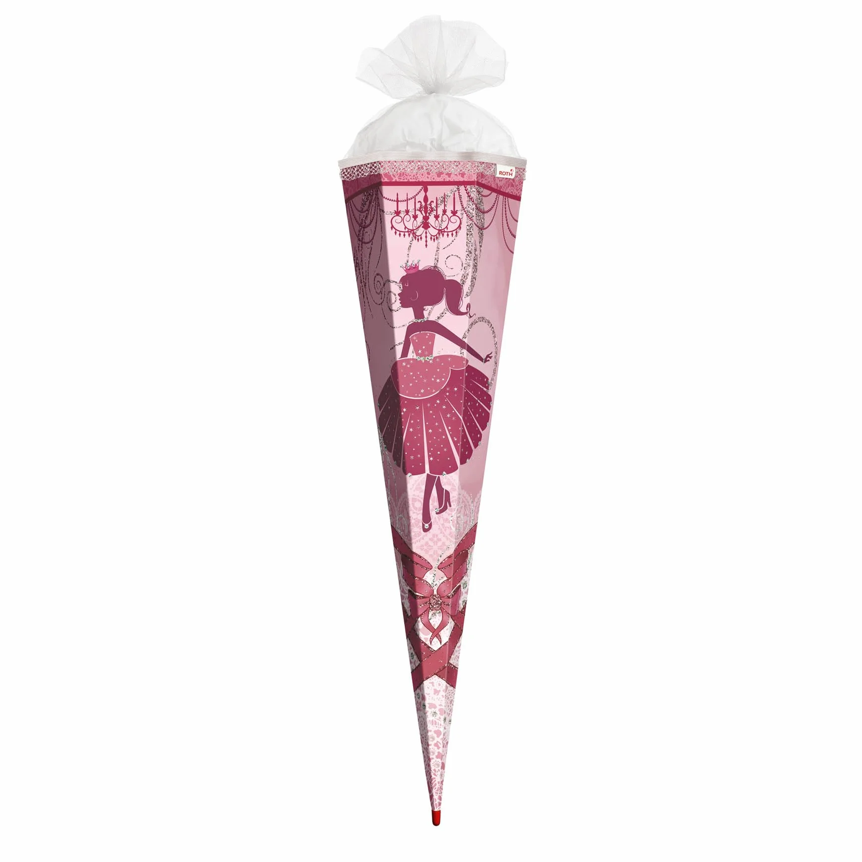 ROTH Schultüte groß Ballerina 85 cm - Glitter und Glitzer-Borte - 6-eckig Rot(h)-Spitze Tüllverschluss - Zuckertüte, Ballerina, Danzerin, Schulanfang