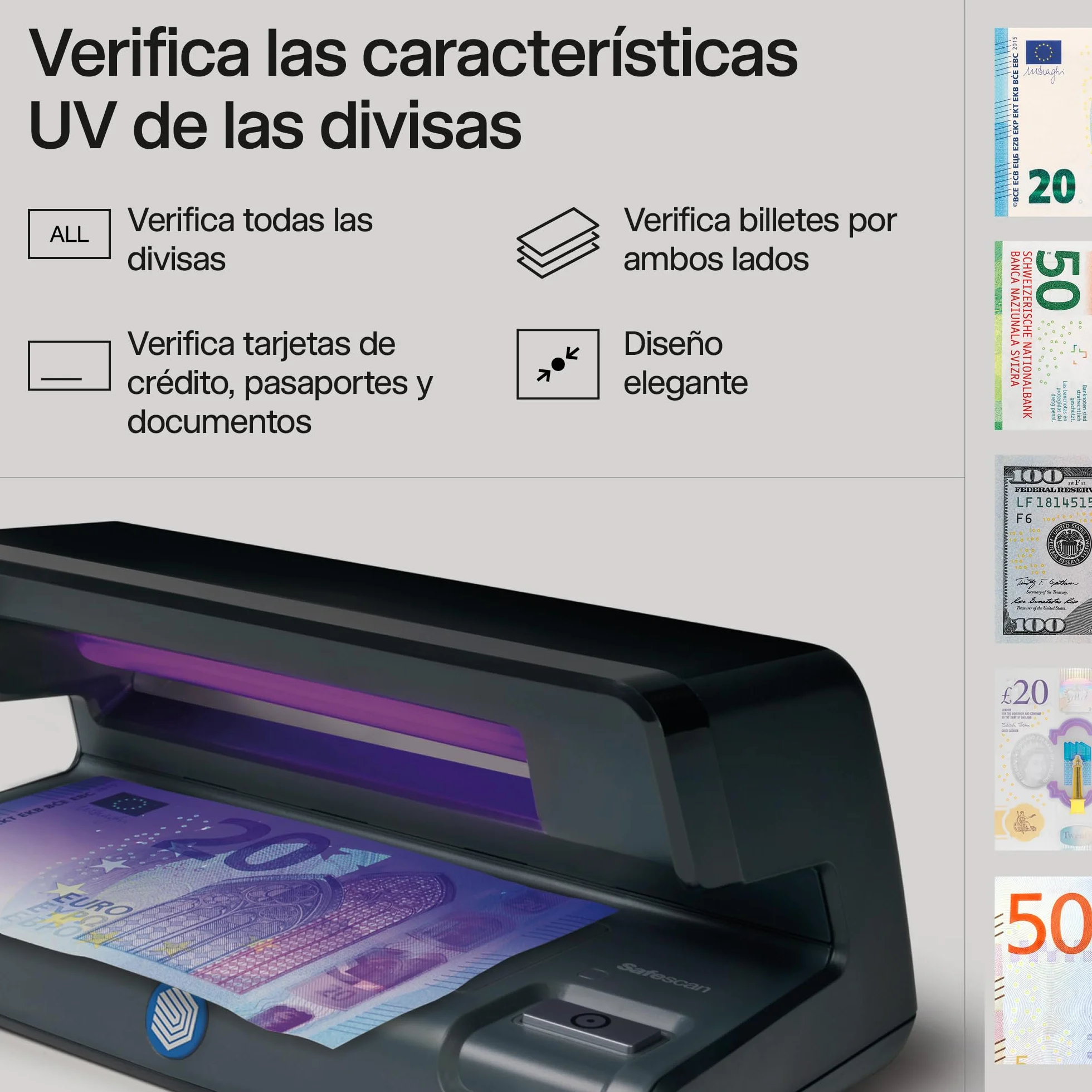 Safescan 50 Negro - Detector UV de billetes falsos, verificación de tarjetas de crédito y documentos de identidad