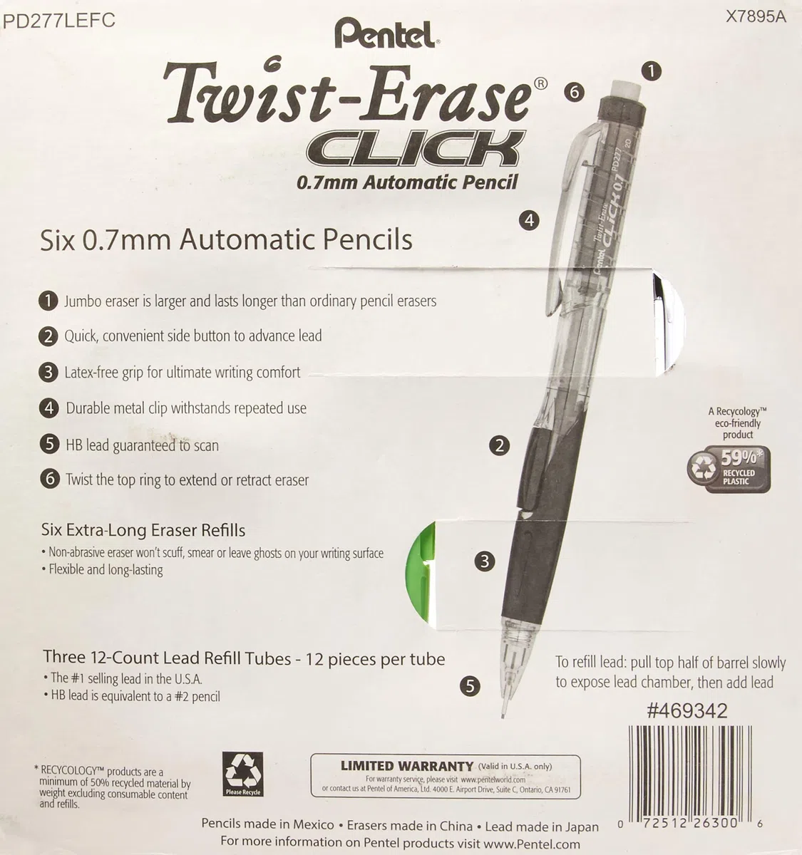 Pentel Twist-Erase Click – Juego de 6 portaminas, 6 gomas de borrar extra y 3 tubos de minas recargables