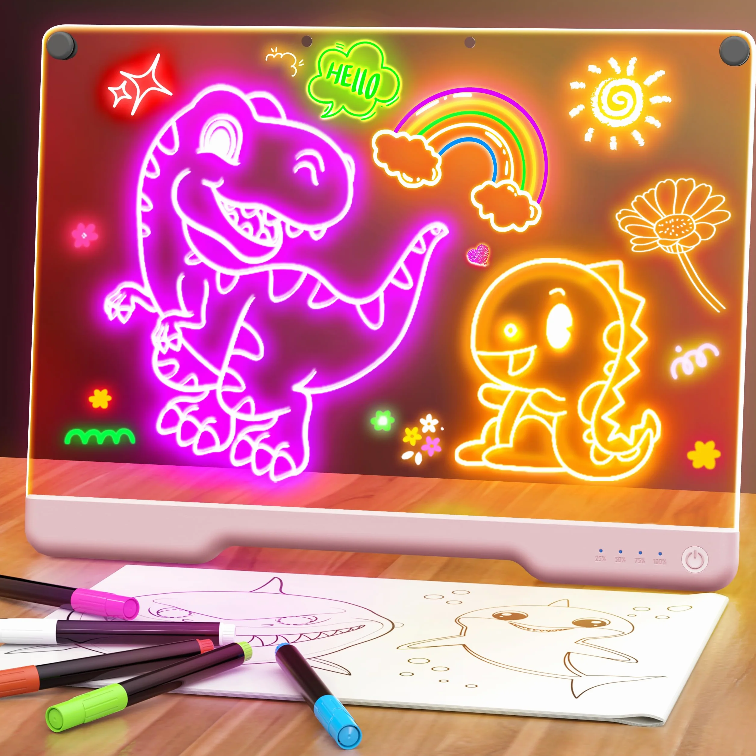 Pizarra LED de dibujo 16-Inch recargable con 7 modos de color para niñas/niños - Rosa