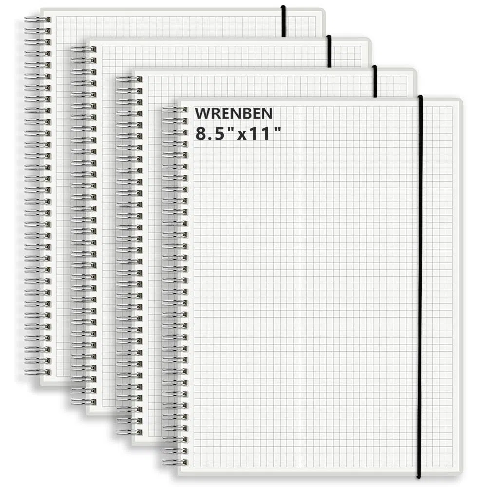Cuadernos en espiral A4 de 8.5 x 11 pulgadas con papel grueso de 120 g/m², banda elástica extraíble y cubierta transparente, 160 páginas por diario de cuadrícula (paquete de 4, A4)