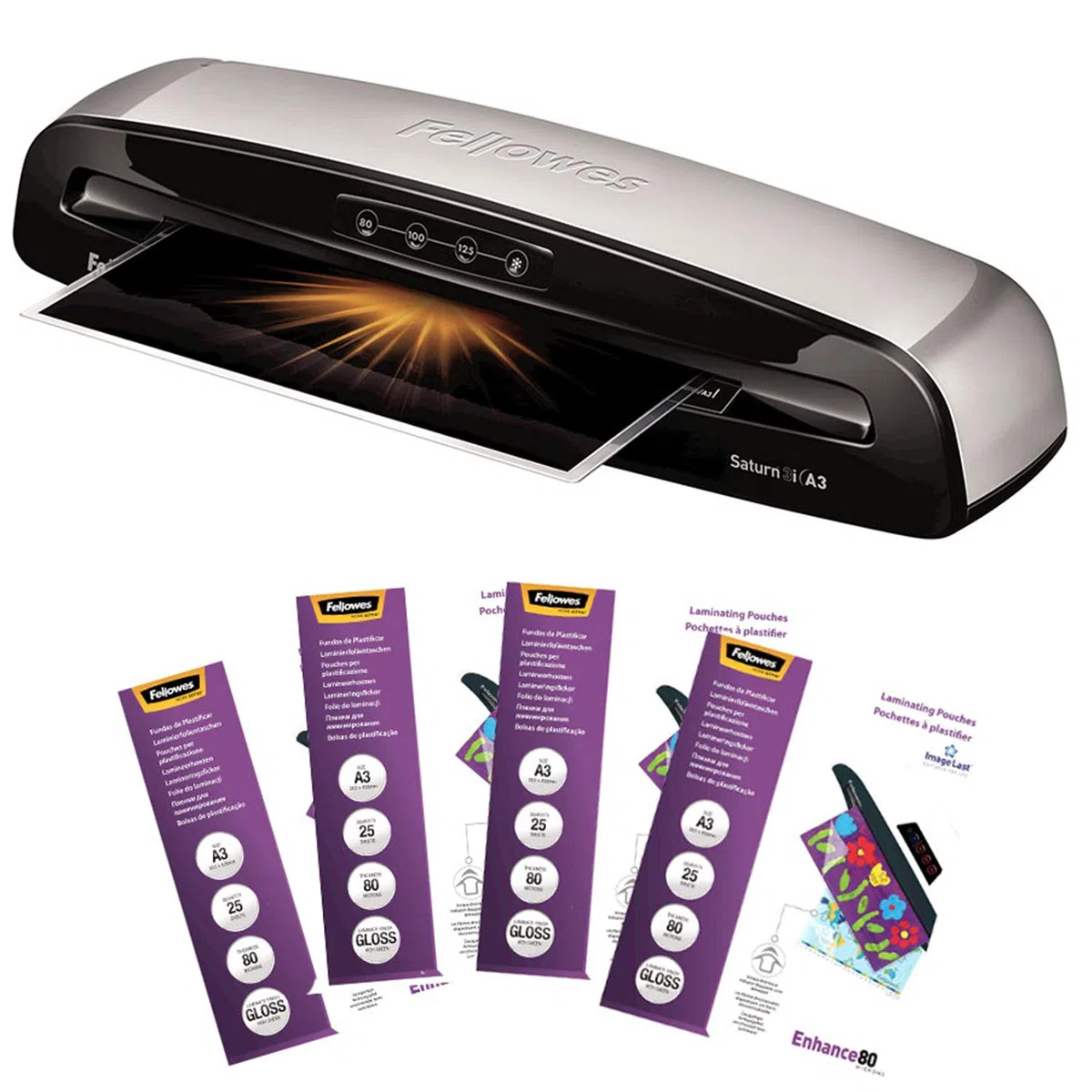 Fellowes Saturn 3i Set con plastificadora y 100 fundas de plastificar, A3 + 53061 Pack de 100 fundas para plastificar, brillo, formato A4, 80 micras