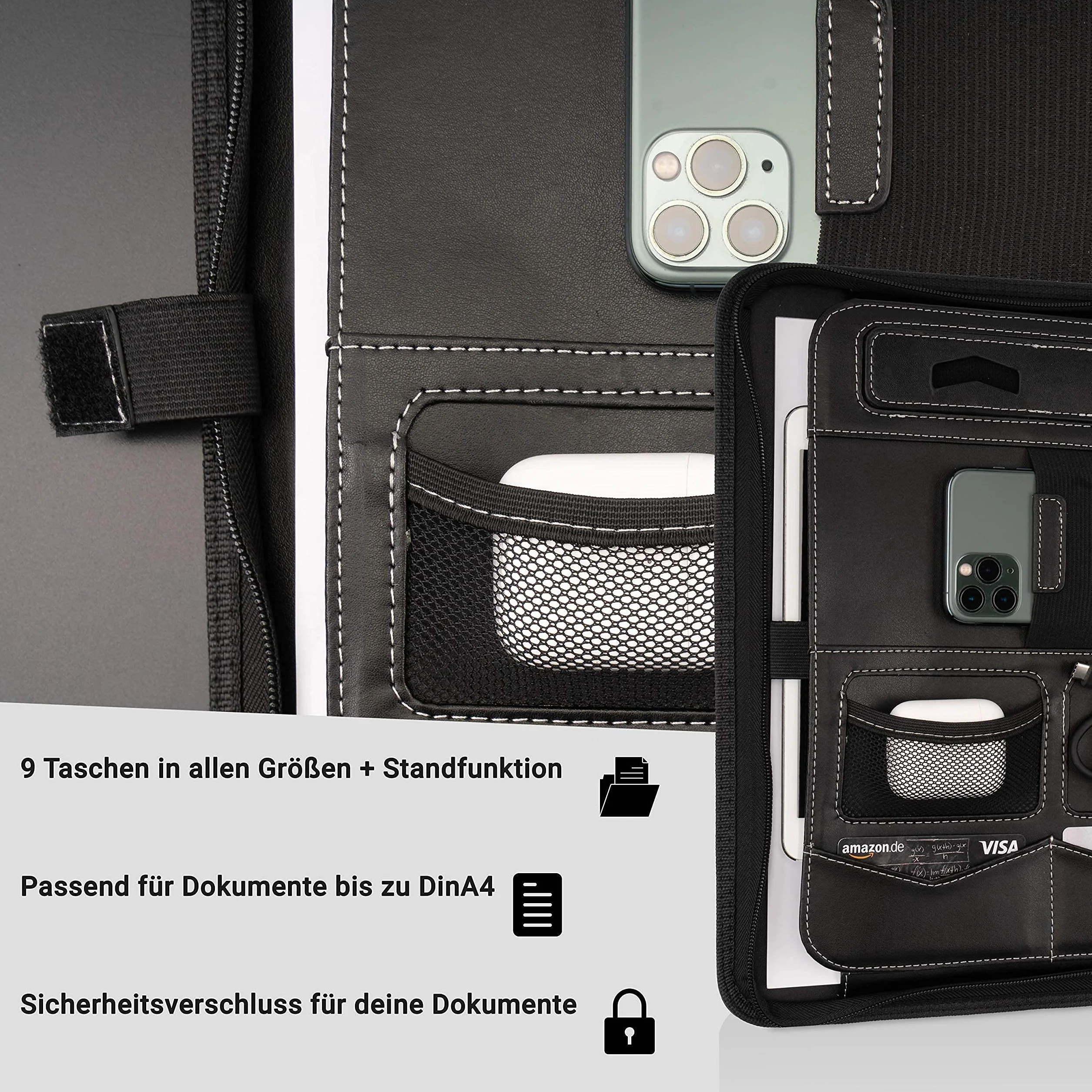Portadocumentos A4 Premium con doble cremallera y compartimento de 13 pulgadas para la tableta, IPad Carpeta de Conferencias profesional de PU-cuero para hombres y mujeres
