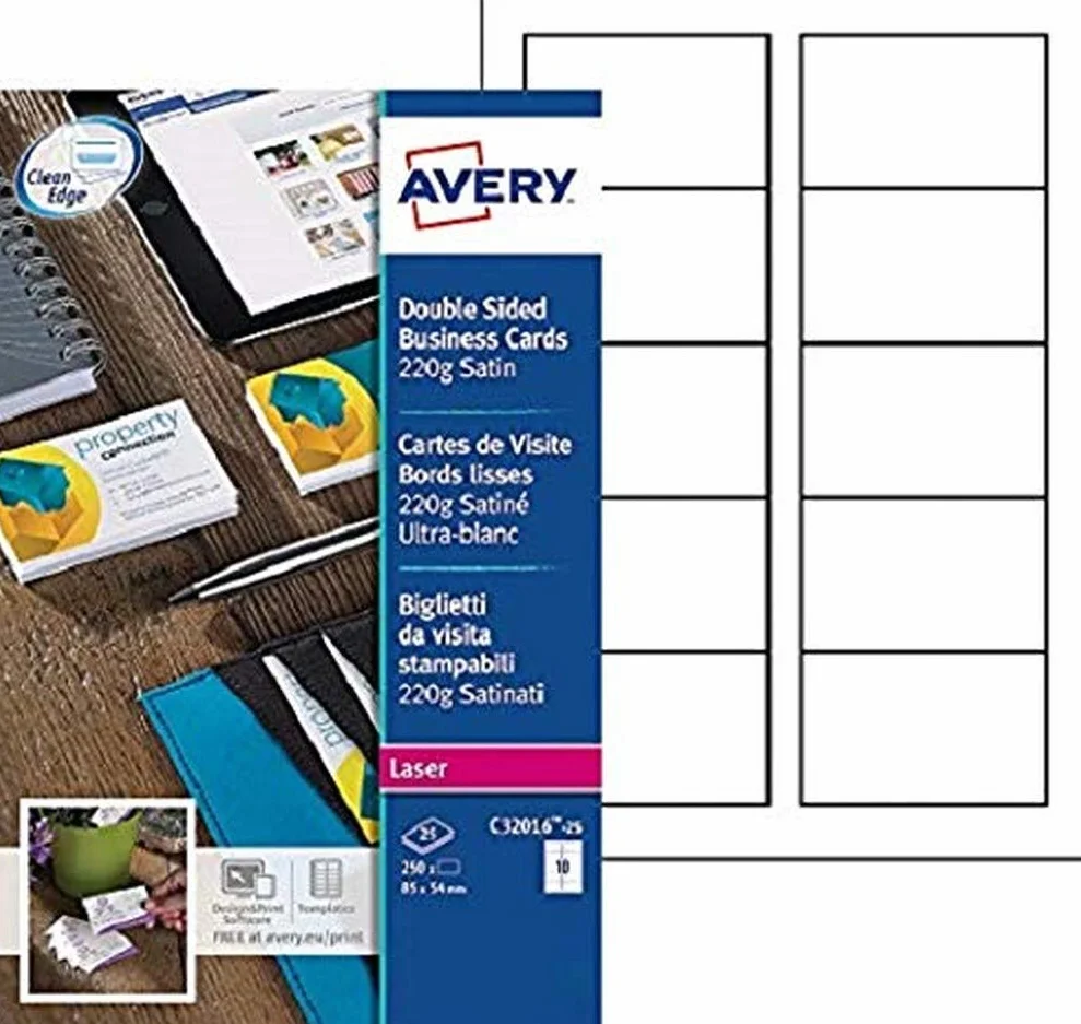 Avery España C32016-25 Tarjetas de visita balncas,85 x 54 mm imprimible doble cara para impresora láser 10 tarjetas por hoja