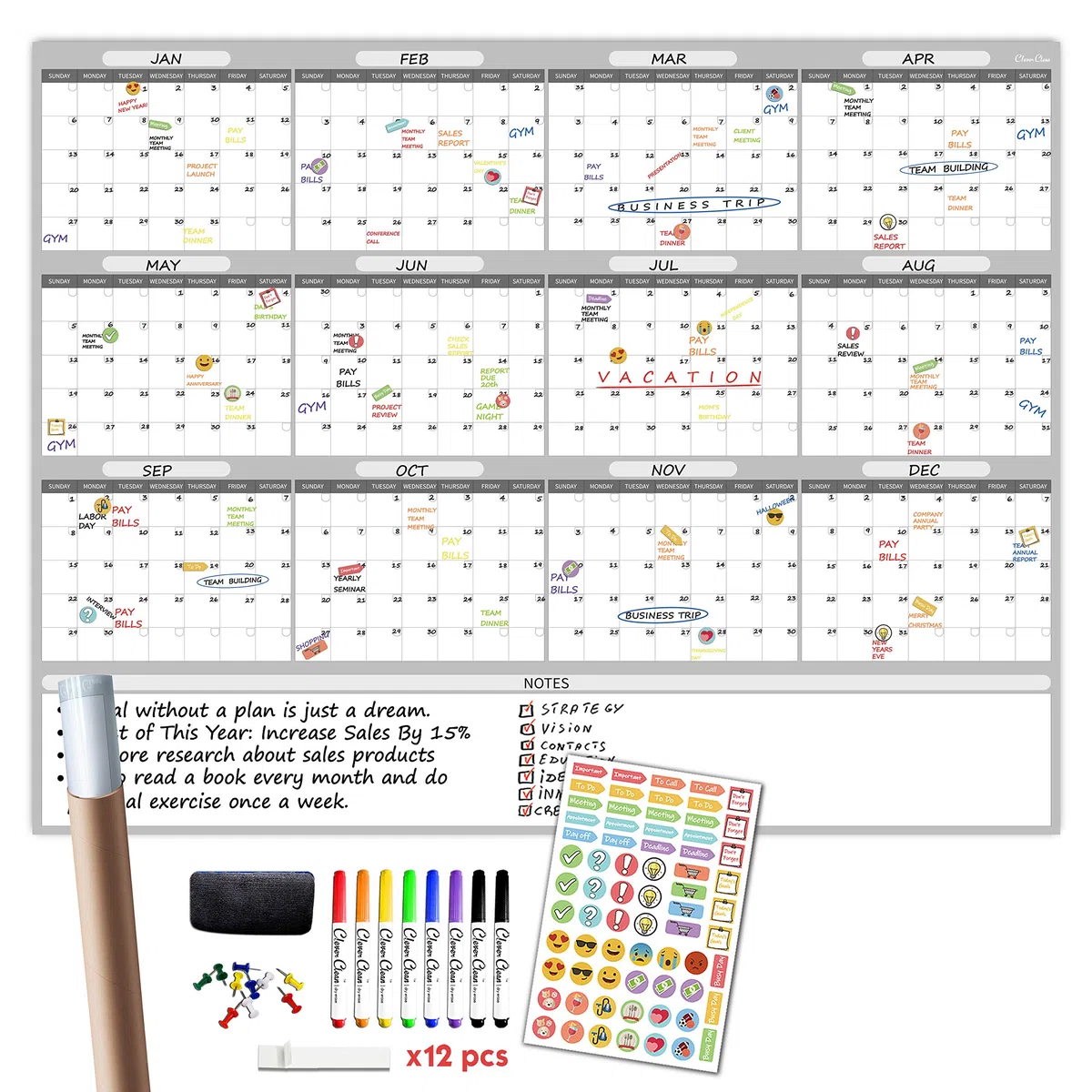 Calendario de pared grande de borrado en seco, 48 x 60 pulgadas, planificador anual sin fecha 2024 para el hogar, oficina, proyectos escolares, organizador de tareas laminado borrable jumbo