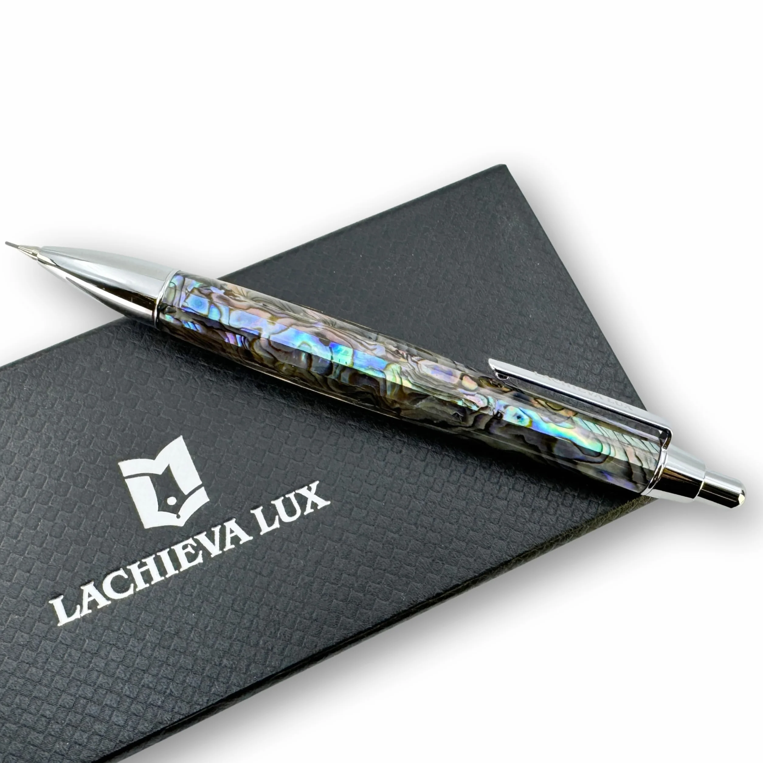 LACHIEVA LUX Portaminas de concha de abulón de 0,7 mm, lápiz de metal de lujo para dibujar y dibujar, incluye 12 recambios de minas