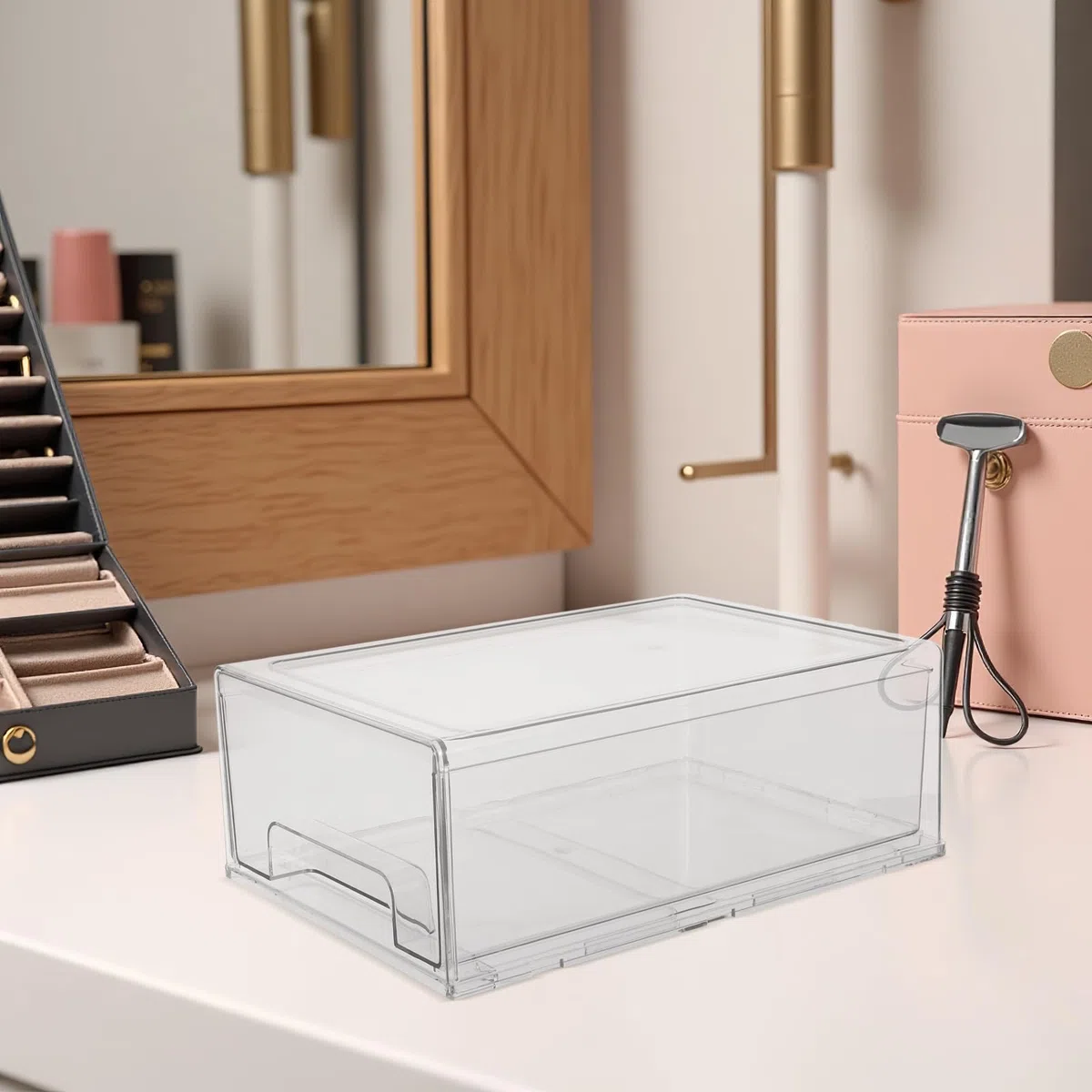 Vaguelly Cajón de almacenamiento apilable, caja de acrílico transparente, organizador de maquillaje, joyas, oficina, papelería, tocador, armario de baño, organización de despensa.