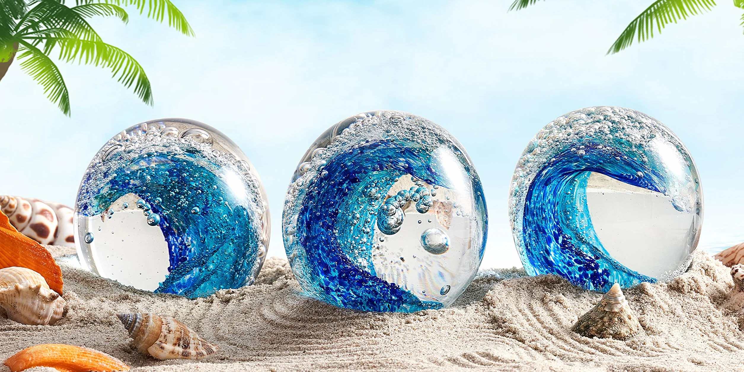 EUSTUMA Figura de vidrio, bola de olas del océano, pisapapeles de oficina, decoración del hogar y acuario, azul, moderno