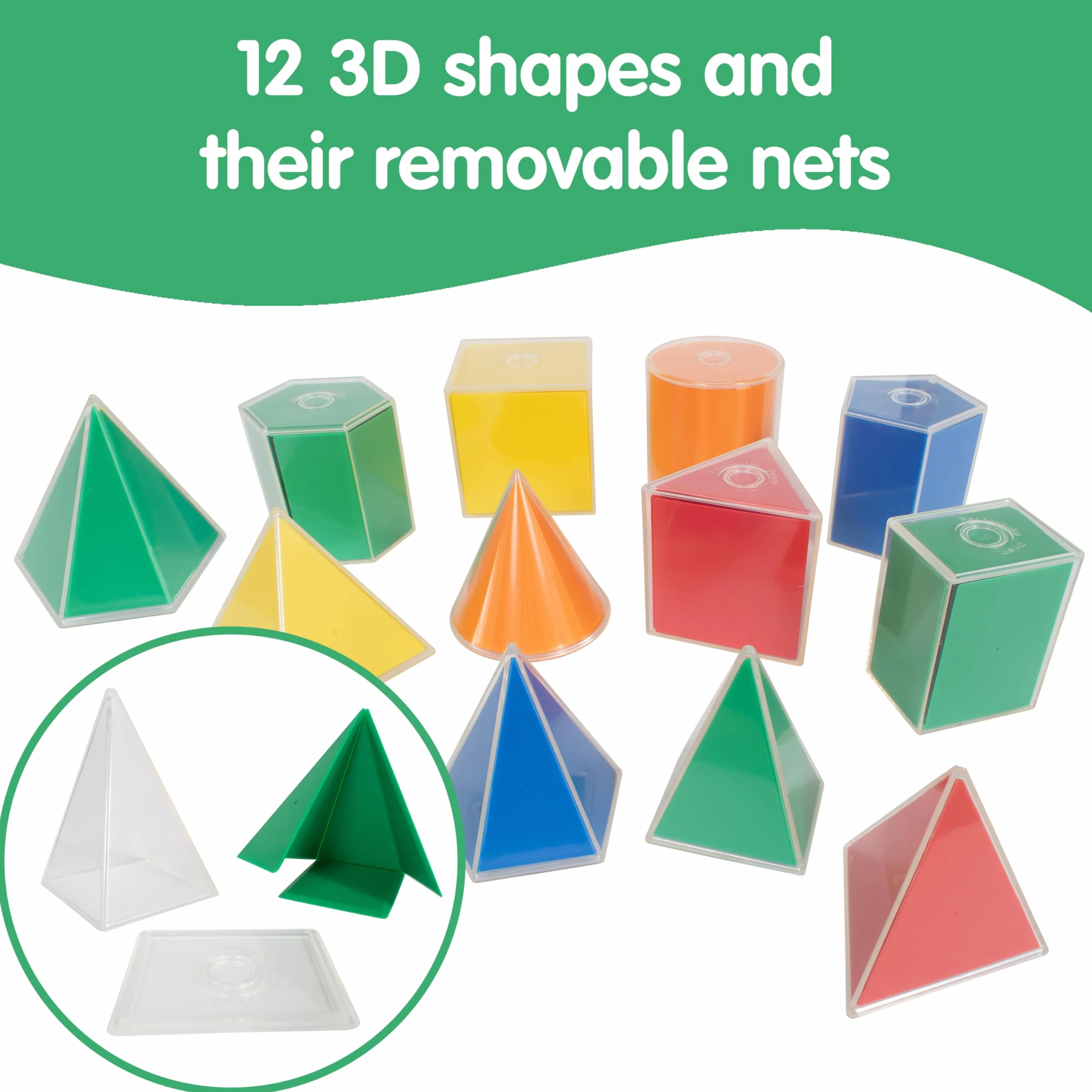 Learning Advantage edxeducation 2D3D - Sólidos geométricos | Juego de 24 | 12 Formas, 12 Redes Plegables y guía de Actividades | Manipulación de matemáticas y geometría para niños