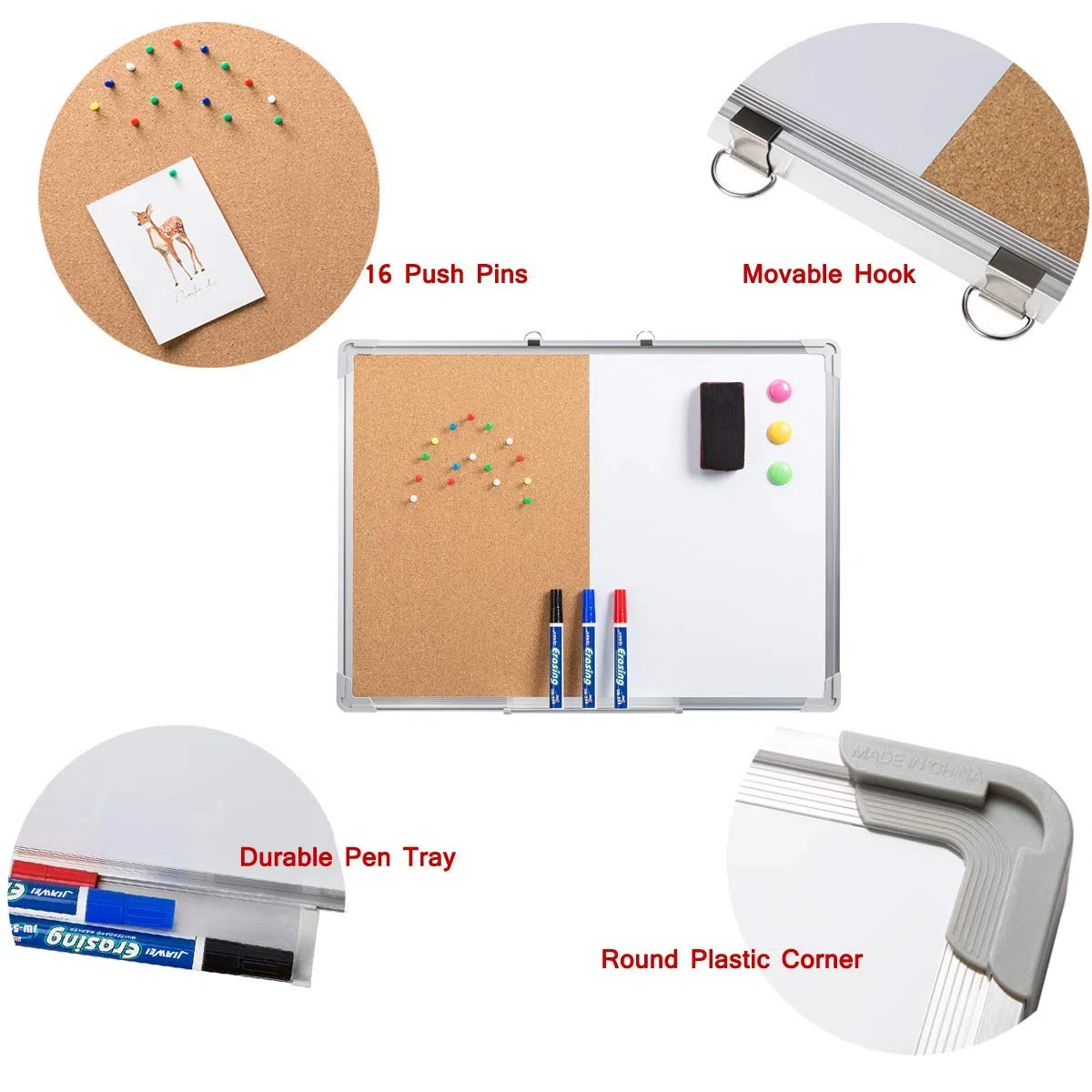 DOEWORKS Pizarra Mixta 60 x 45cm Pizarra Magnética Blanca & Tablón de Corcho, Pizarra Combinada Doble Cara, Tablero de Anuncios para Hogar Oficina Escuela